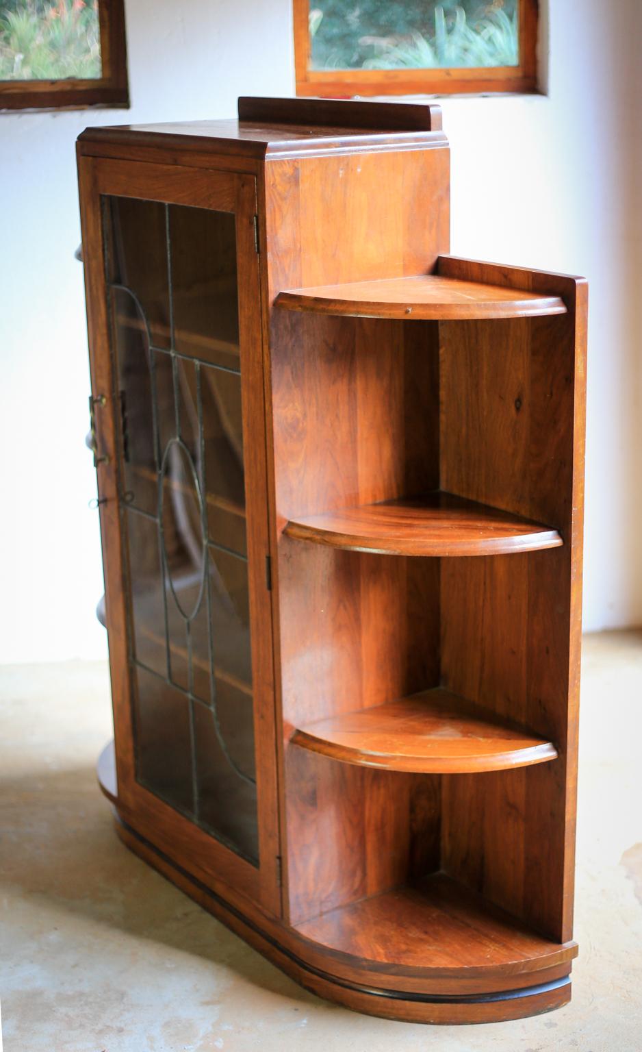 Mid-20th Century Solid Mahogany and Lead Glass Art Deco Book Case and Display Cabinet For Sale