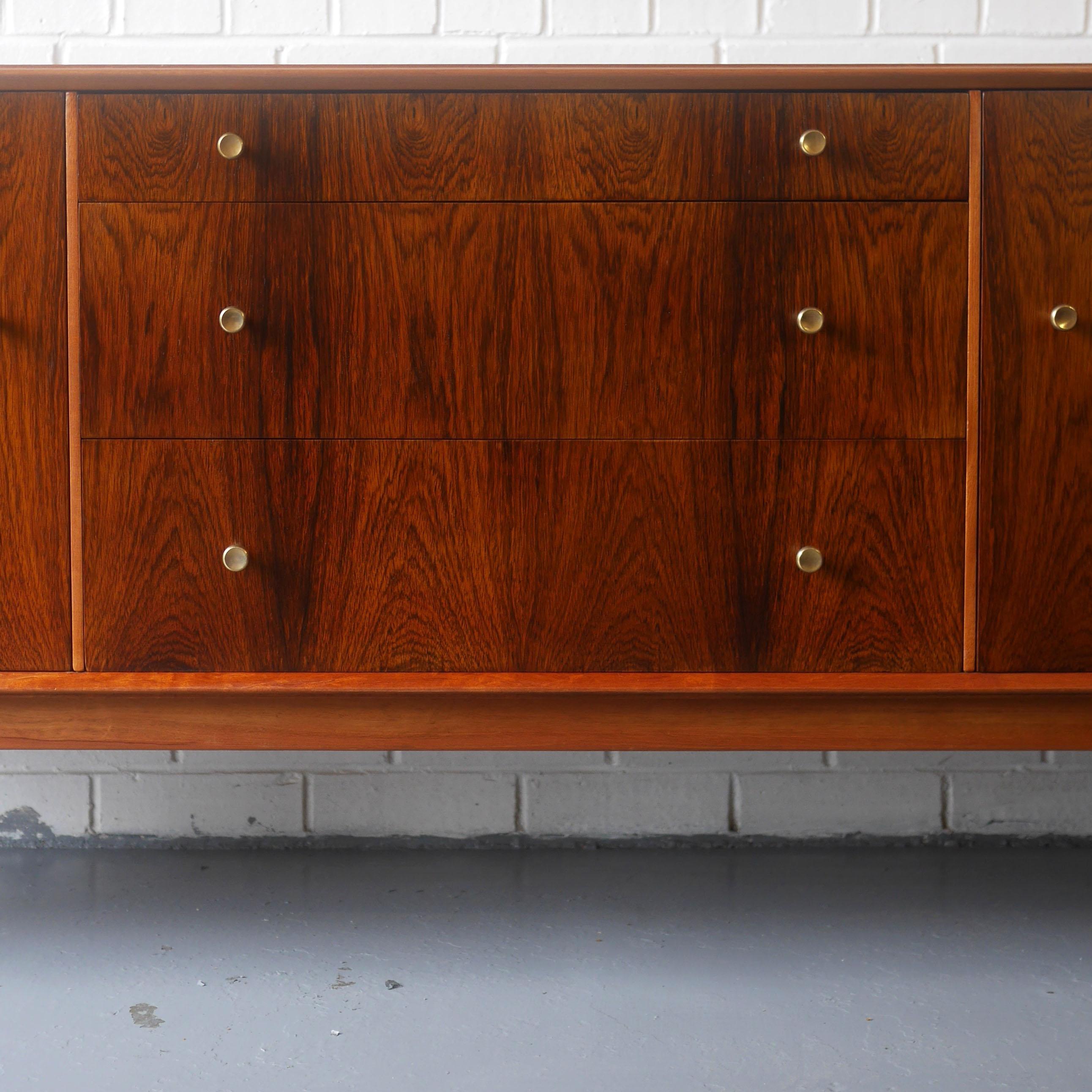 20th Century Solid Mahogany and Rosewood Sideboard with Brass Detailing Dated 1961