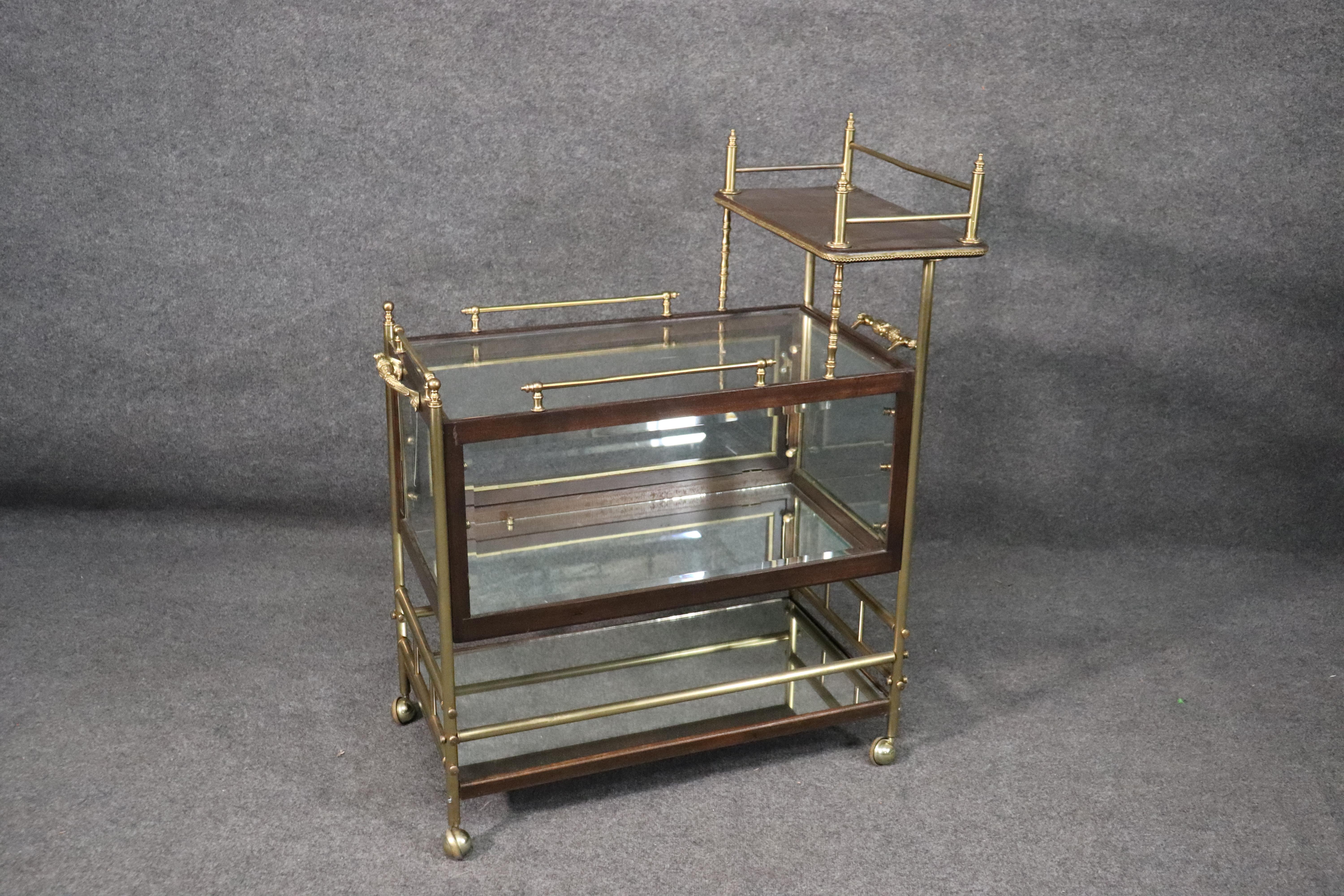 Solid Mahogany and Solid Brass French Directoire Rolling Tea Cart Liquor Trolley 6