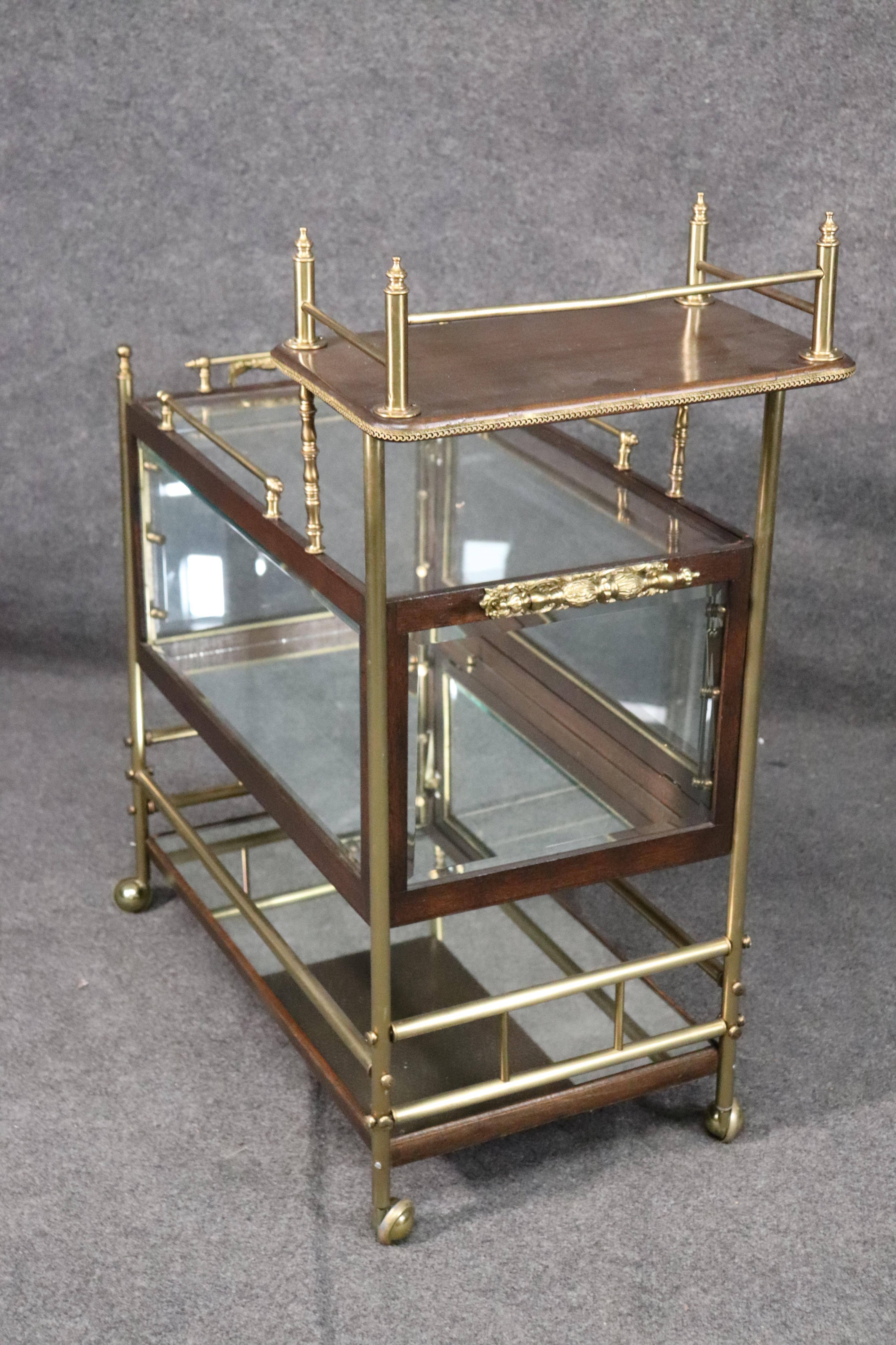 Solid Mahogany and Solid Brass French Directoire Rolling Tea Cart Liquor Trolley 9