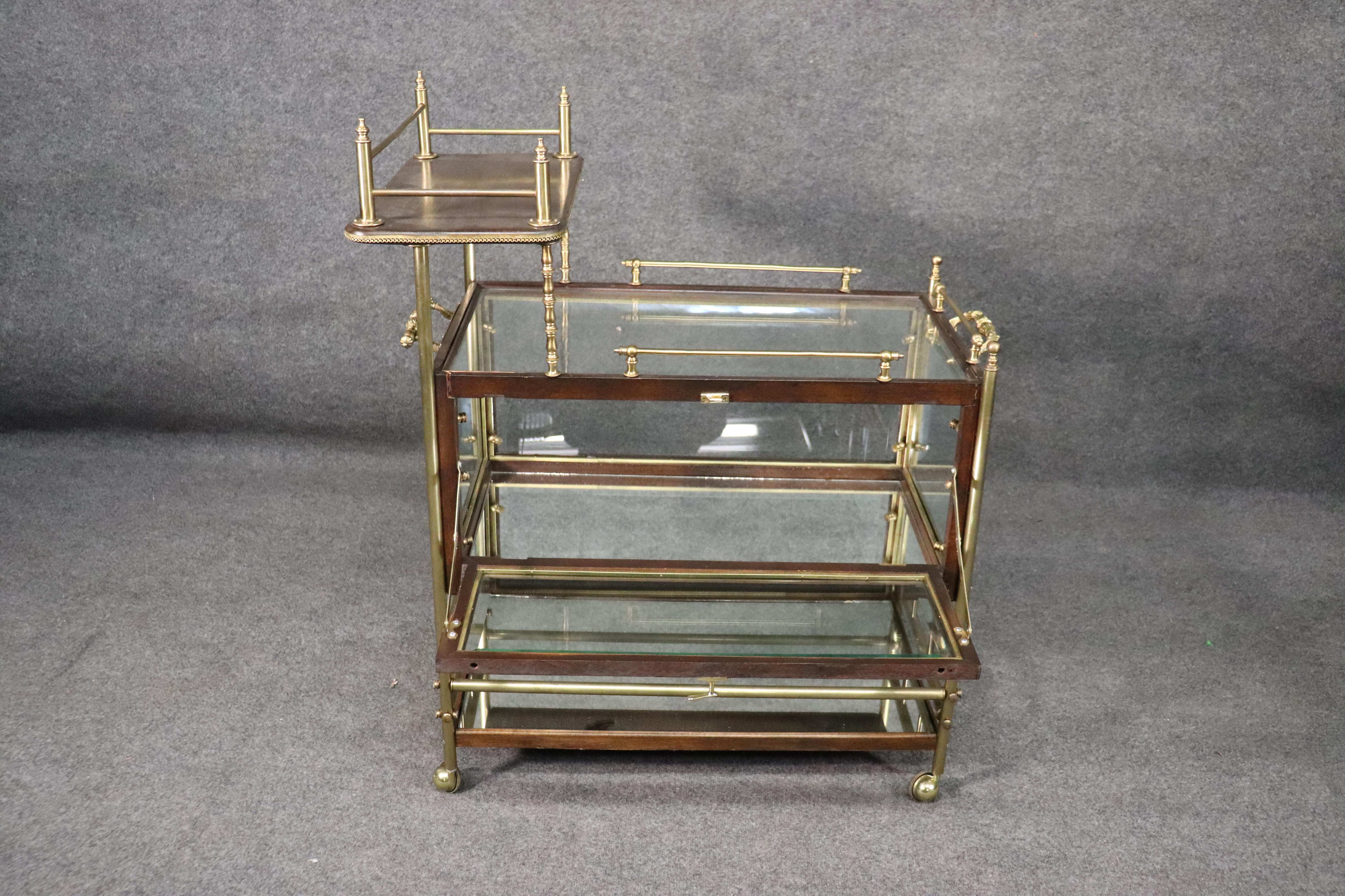 Solid Mahogany and Solid Brass French Directoire Rolling Tea Cart Liquor Trolley 2