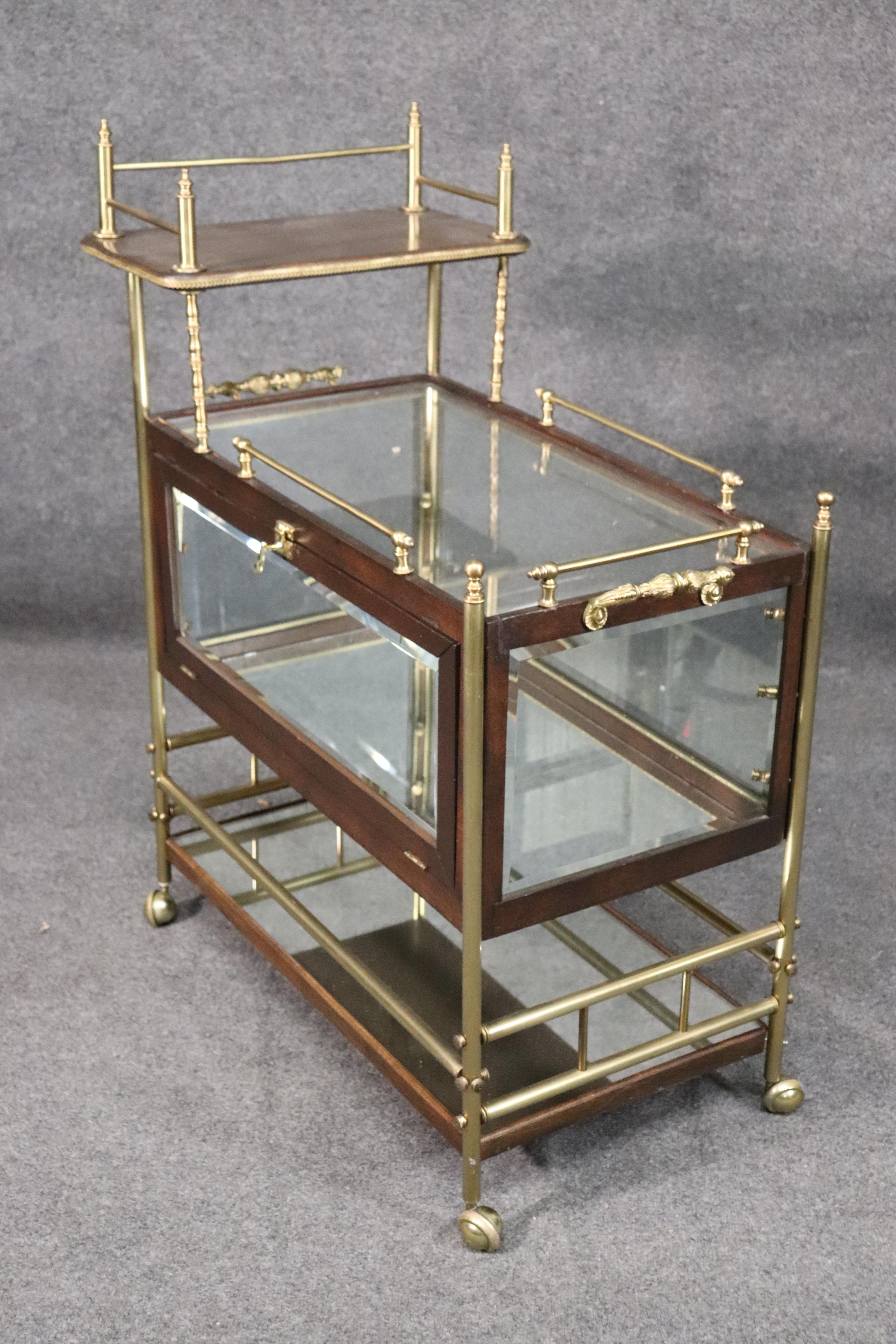 Solid Mahogany and Solid Brass French Directoire Rolling Tea Cart Liquor Trolley 3