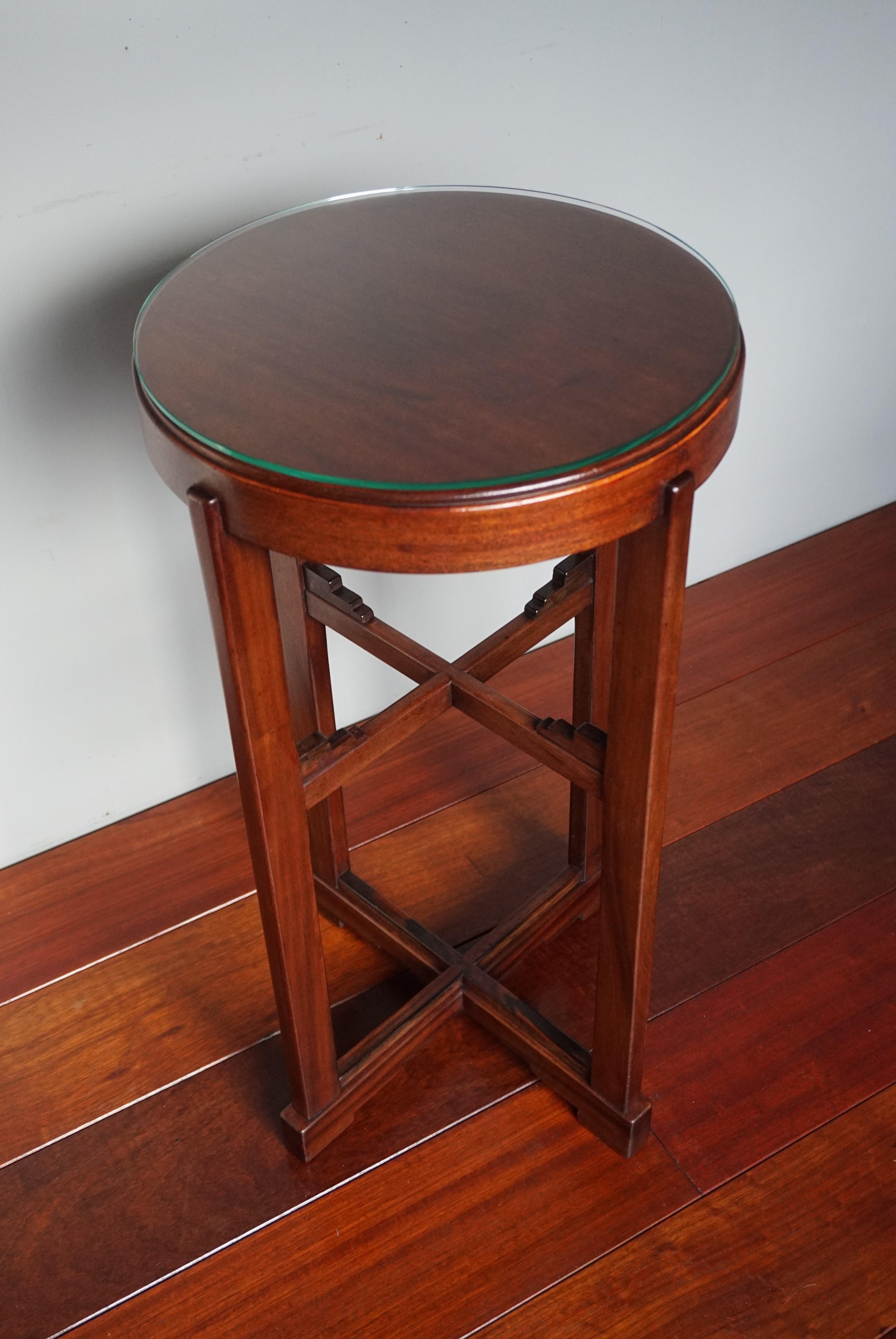 Solid Nutwood Arts & Crafts Pedestal Table or Stand with Perfect Glass Top 1910s 3