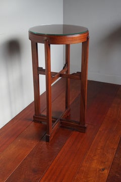 Solid Nutwood Arts & Crafts Pedestal Table or Stand with Perfect Glass Top 1910s