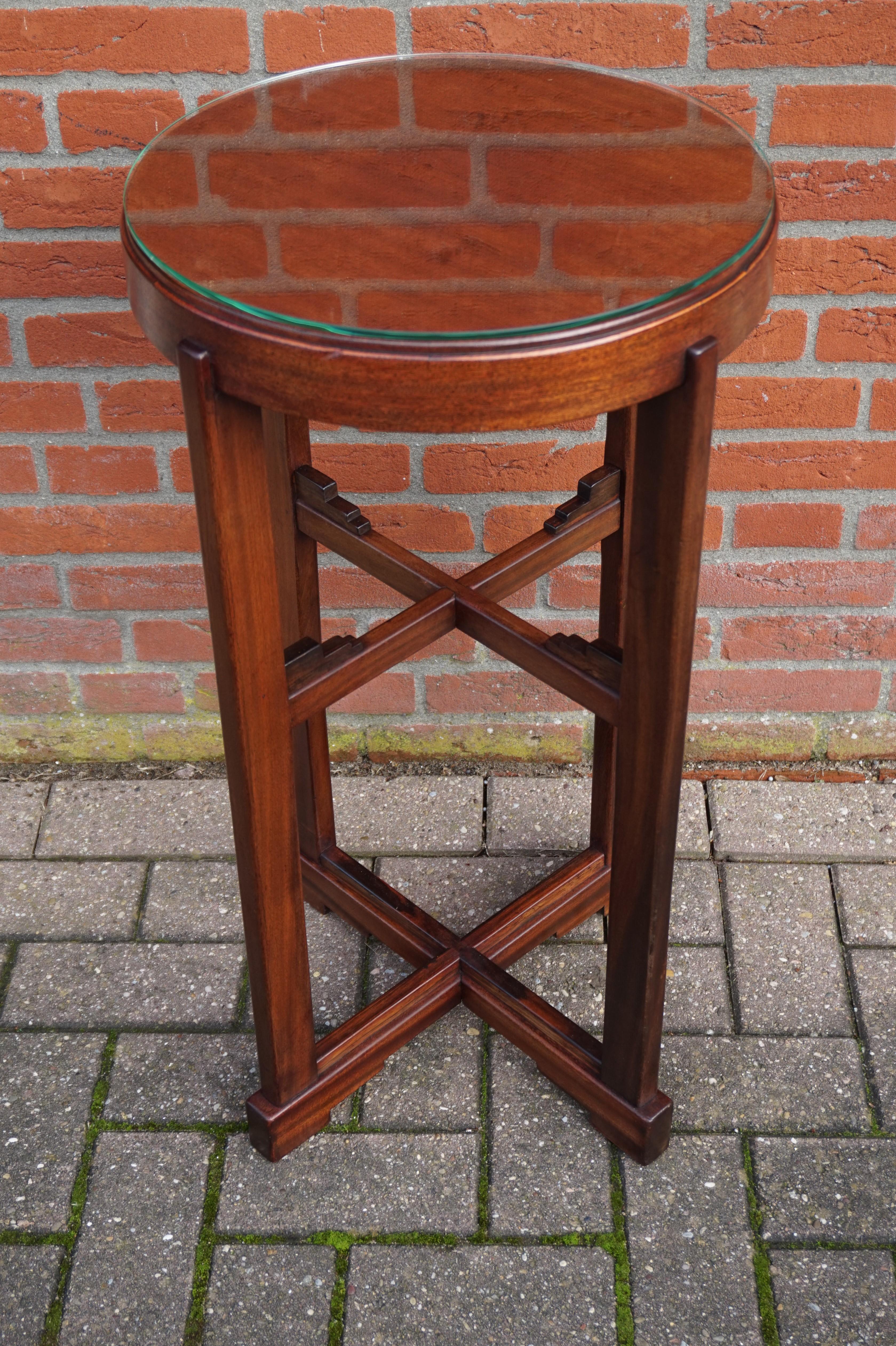 Arts and Crafts Solid Nutwood Arts & Crafts Pedestal Table or Stand with Perfect Glass Top 1910s