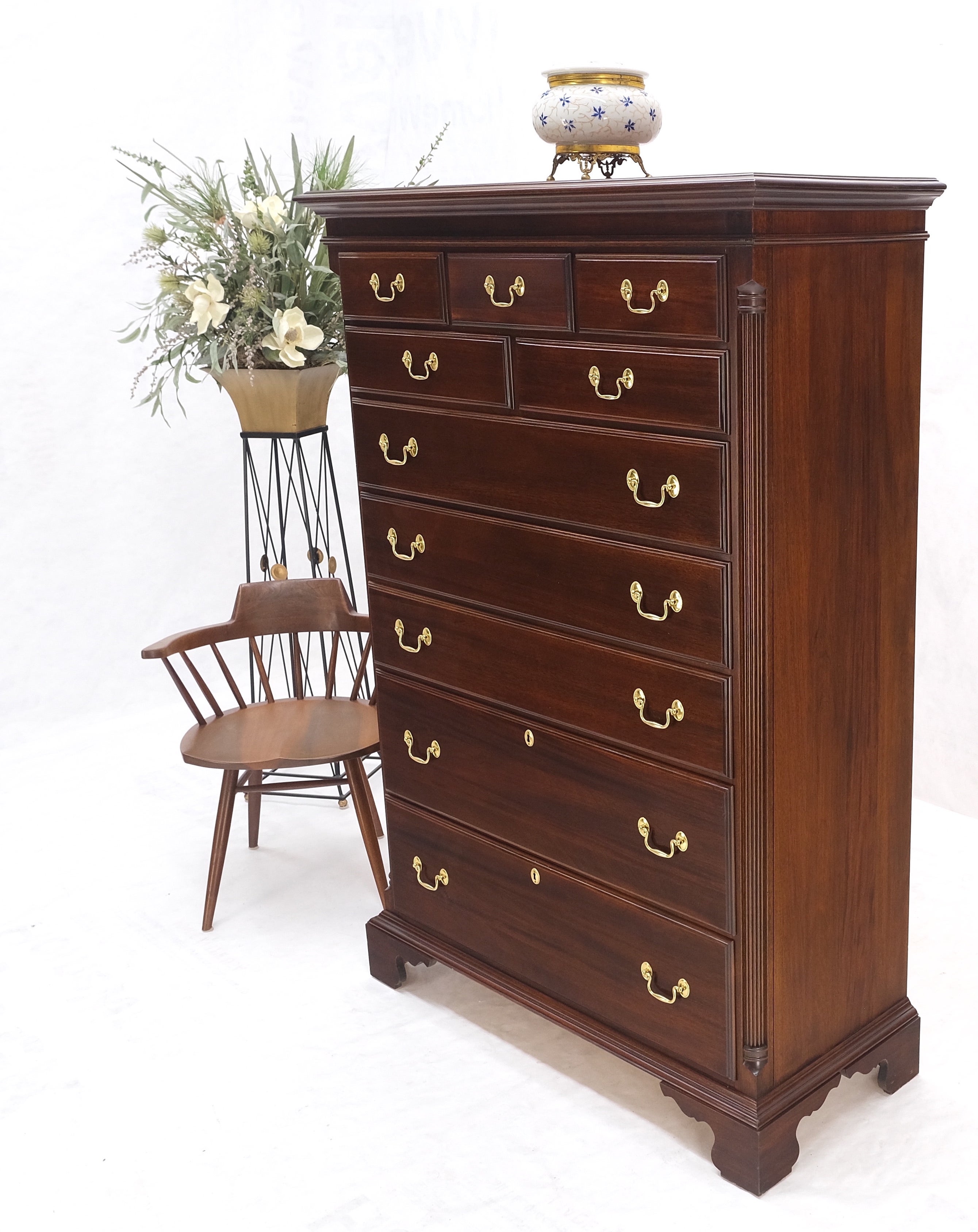 Solid Mahogany Brass Drop Pulls Federal High Boy Dresser Chest of Drawers MINT!.