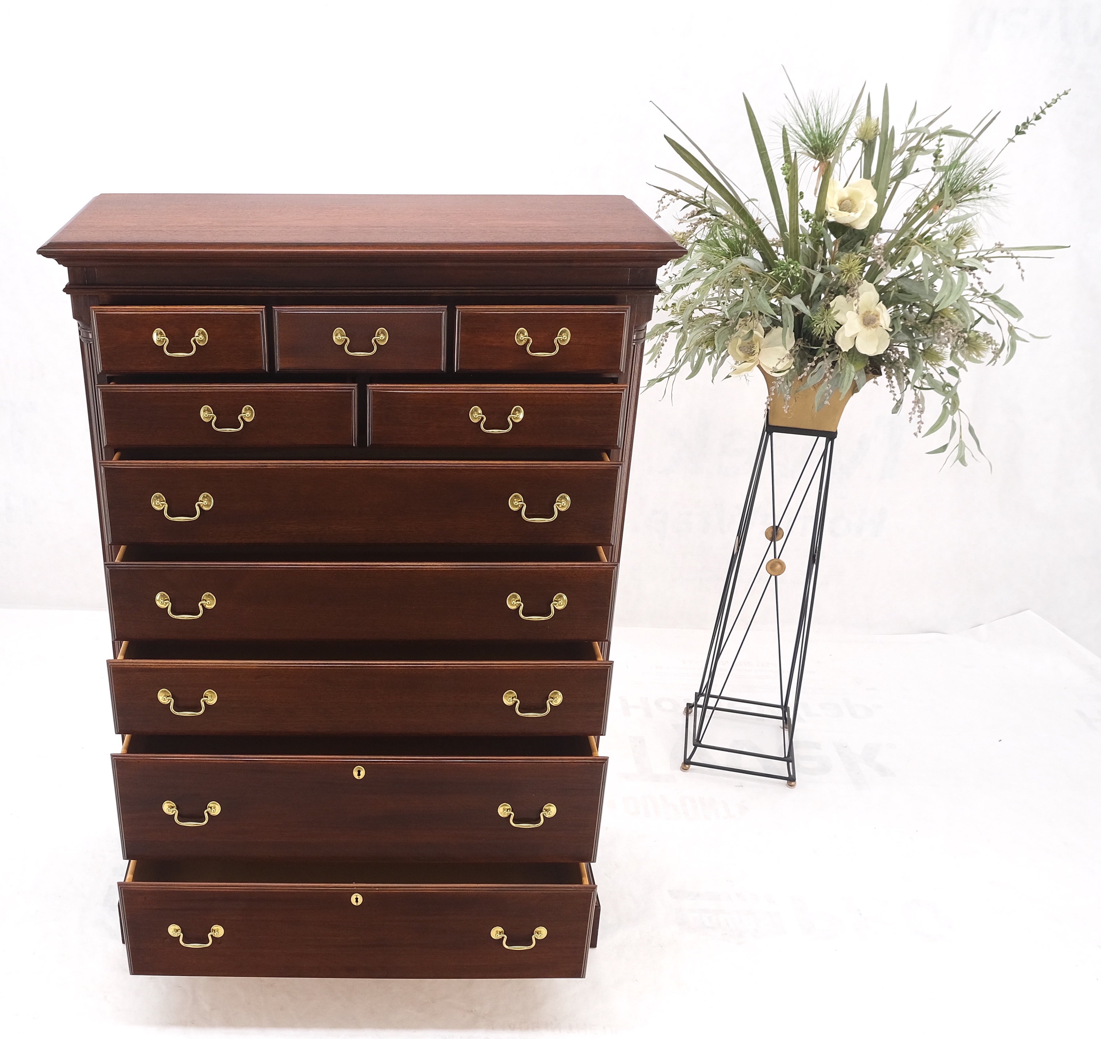 Mid-Century Modern Solid Mahogany Brass Drop Pulls Federal High Boy Dresser Chest of Drawers MINT! For Sale