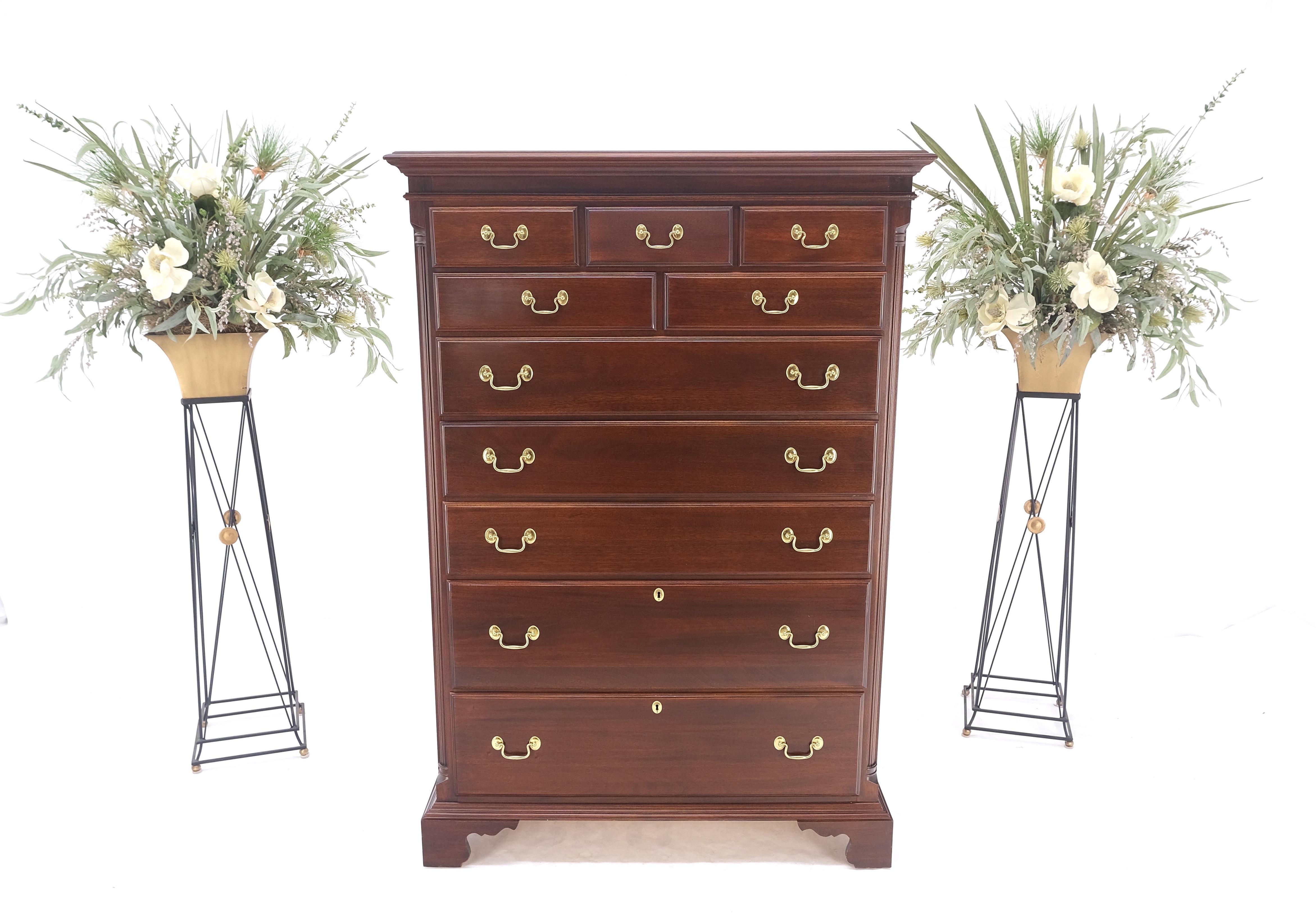 Lacquered Solid Mahogany Brass Drop Pulls Federal High Boy Dresser Chest of Drawers MINT! For Sale