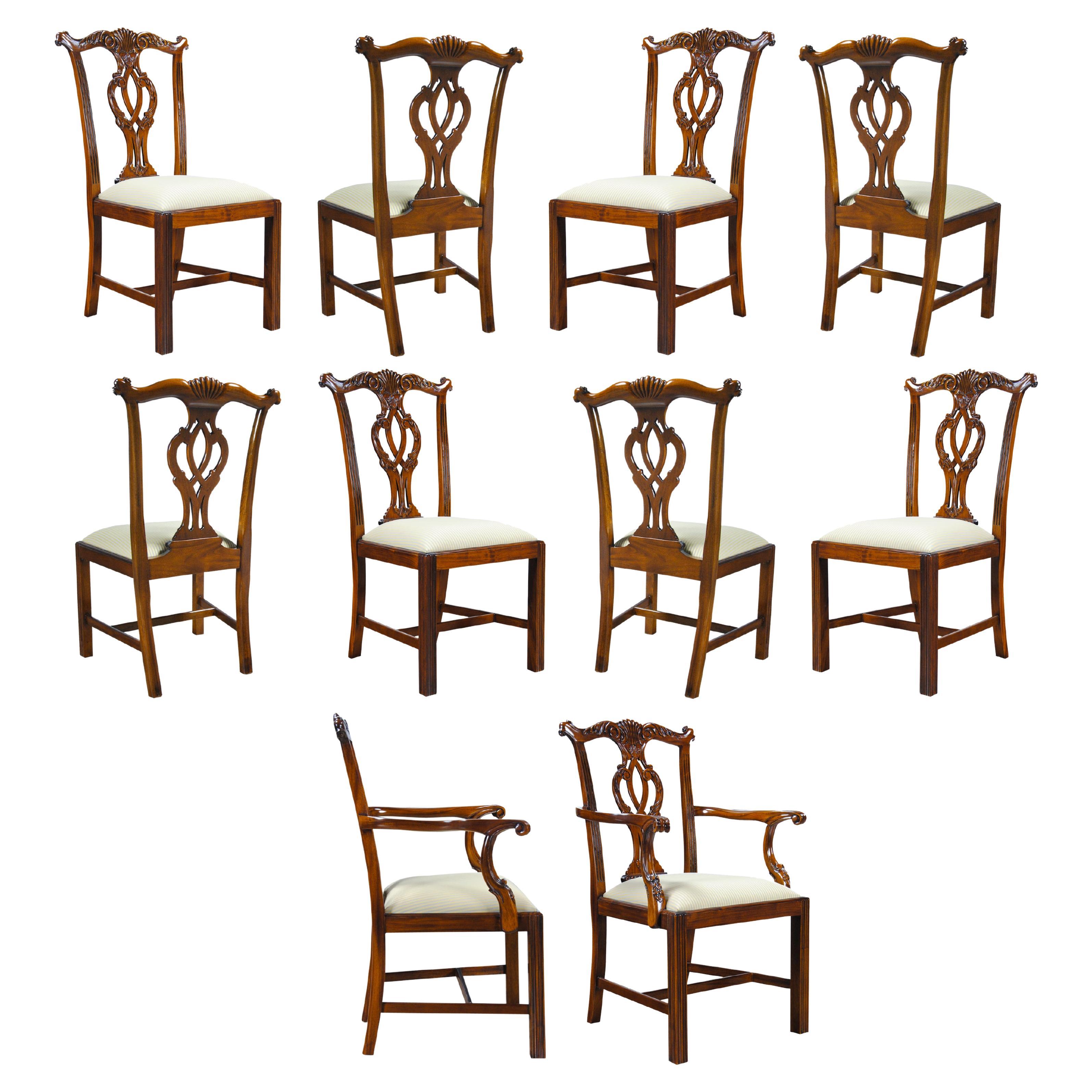 Solid Mahogany Chippendale Chairs, Set of 10 For Sale