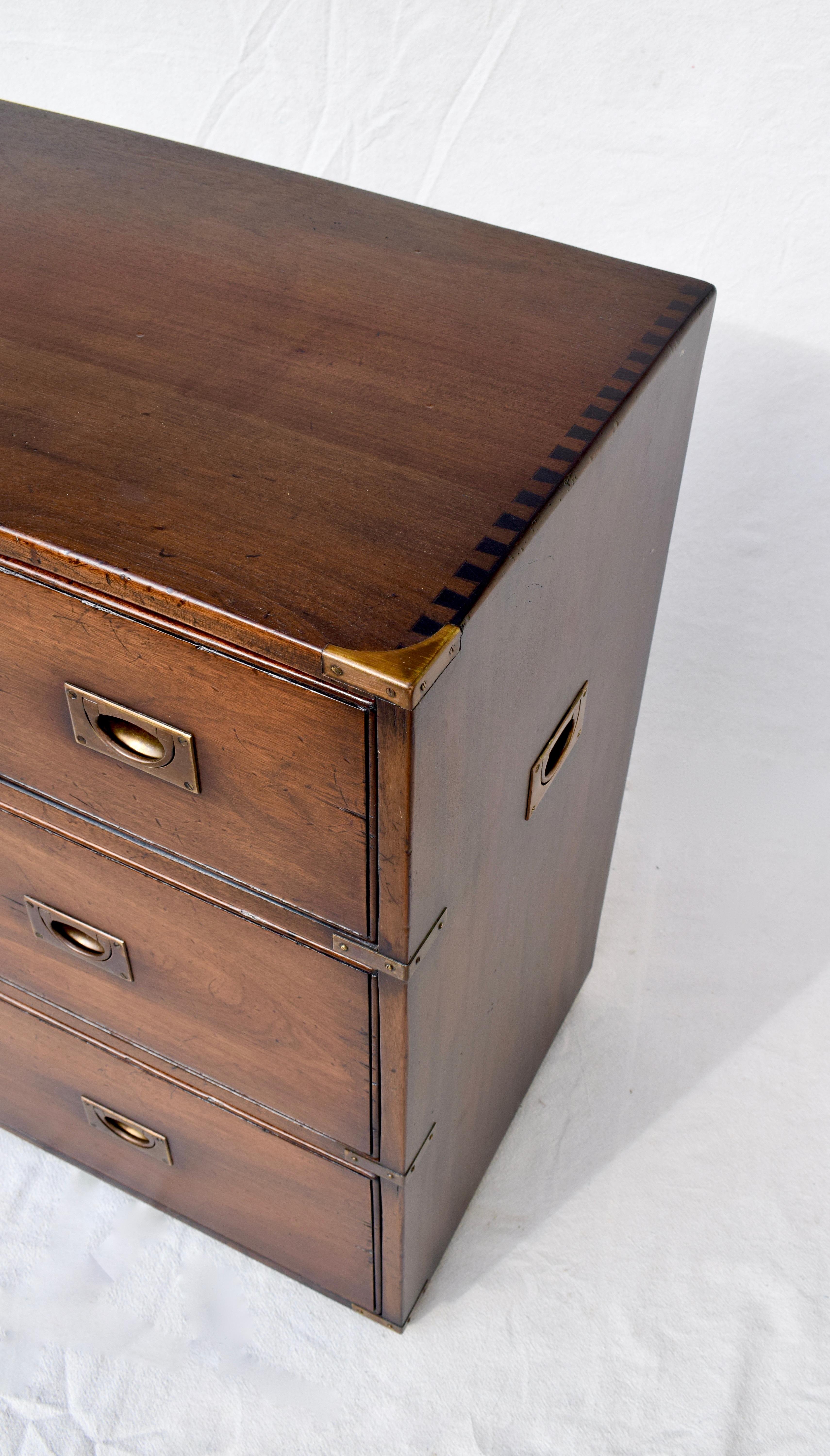 19th C. Solid Mahogany Officers Campaign chest of seven drawers with hand dovetail detailing & construction to the top, sides & drawers. A substantial heirloom of generous size with exceptionally spacious drawers