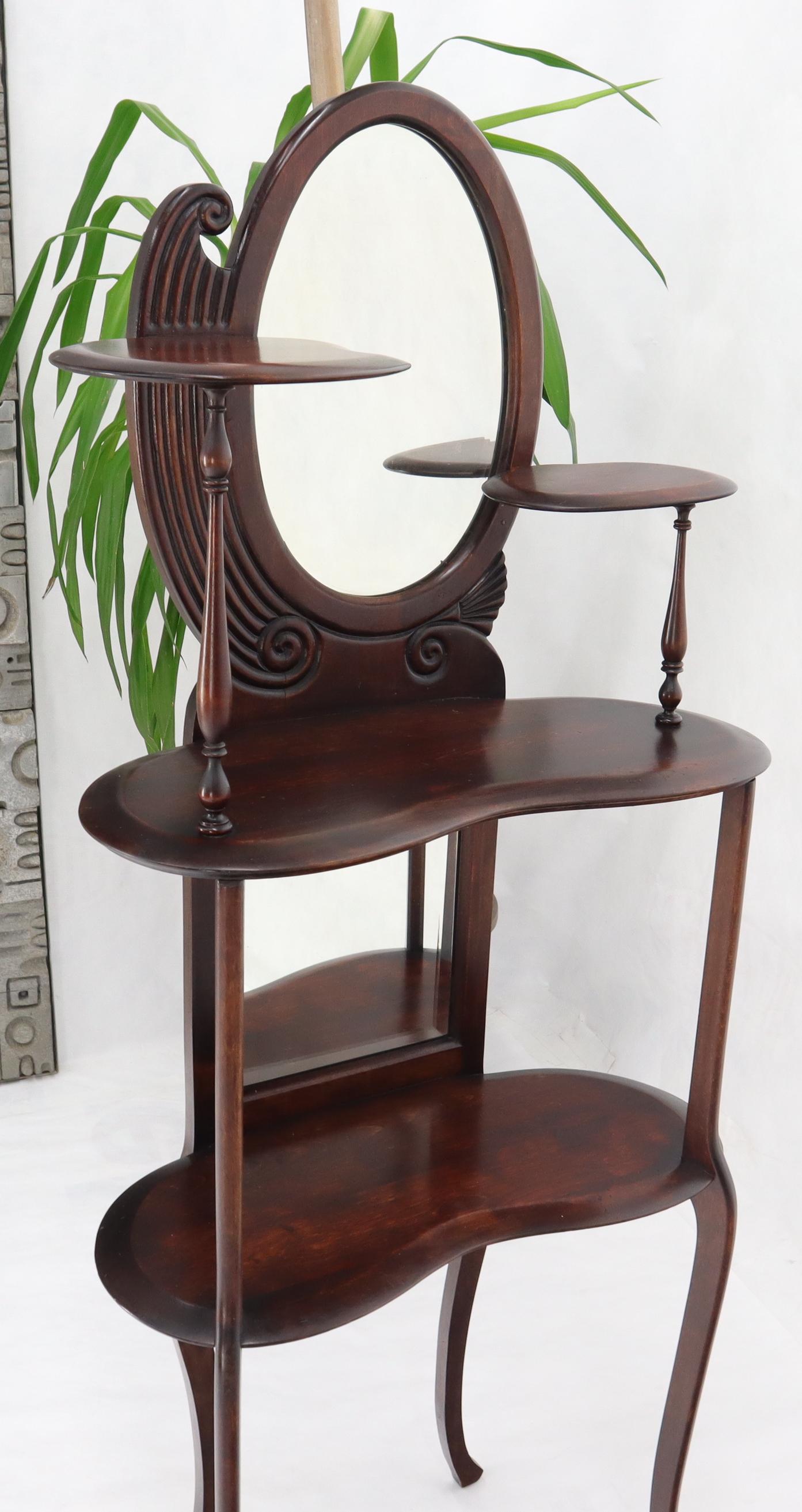 Art Nouveau Solid Mahogany Organic Shape Oval Beveled Glass Staggered 4-Tier Étagère Shelf For Sale