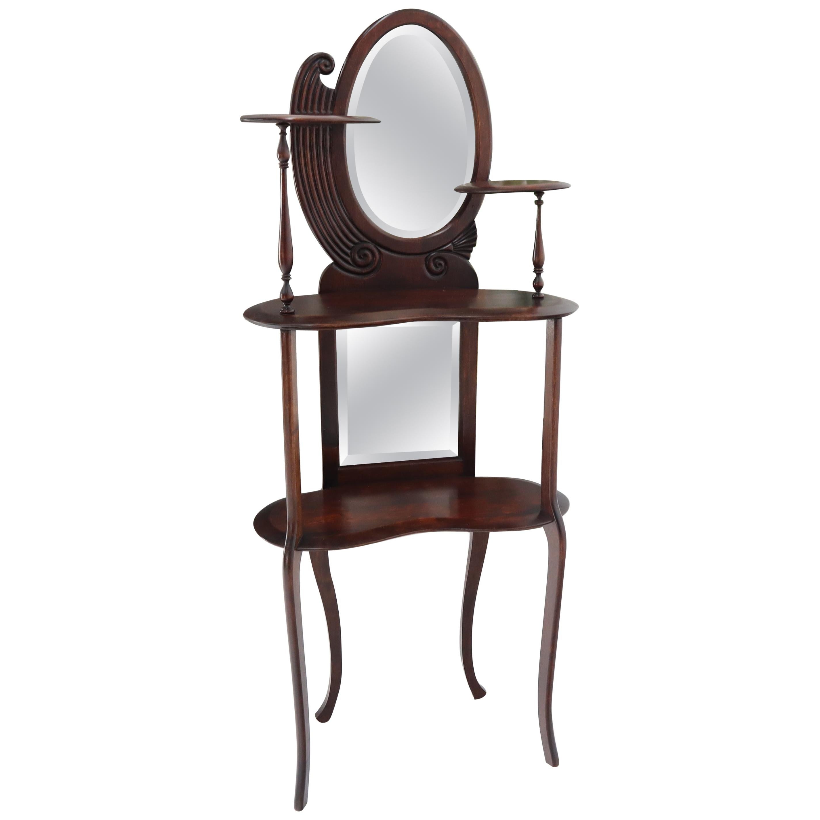 Solid Mahogany Organic Shape Oval Beveled Glass Staggered 4-Tier Étagère Shelf For Sale