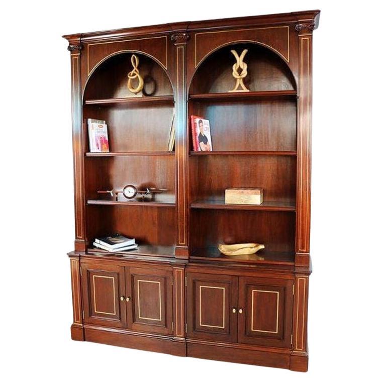 Solid Mahogany Twin Arch Bookcase with Brass Detailing and Classic Carvings For Sale