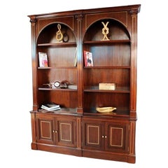 Solid Mahogany Twin Arch Bookcase with Brass Detailing and Classic Carvings