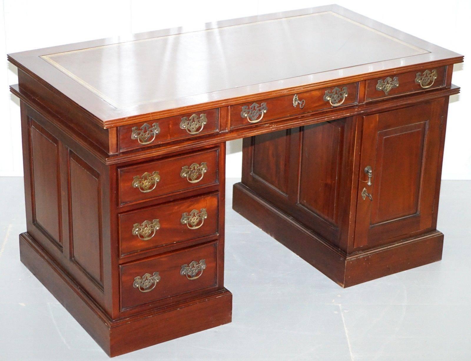 British Solid Mahogany Twin Pedestal Partner Desk Custom Designed to House Computer Pc