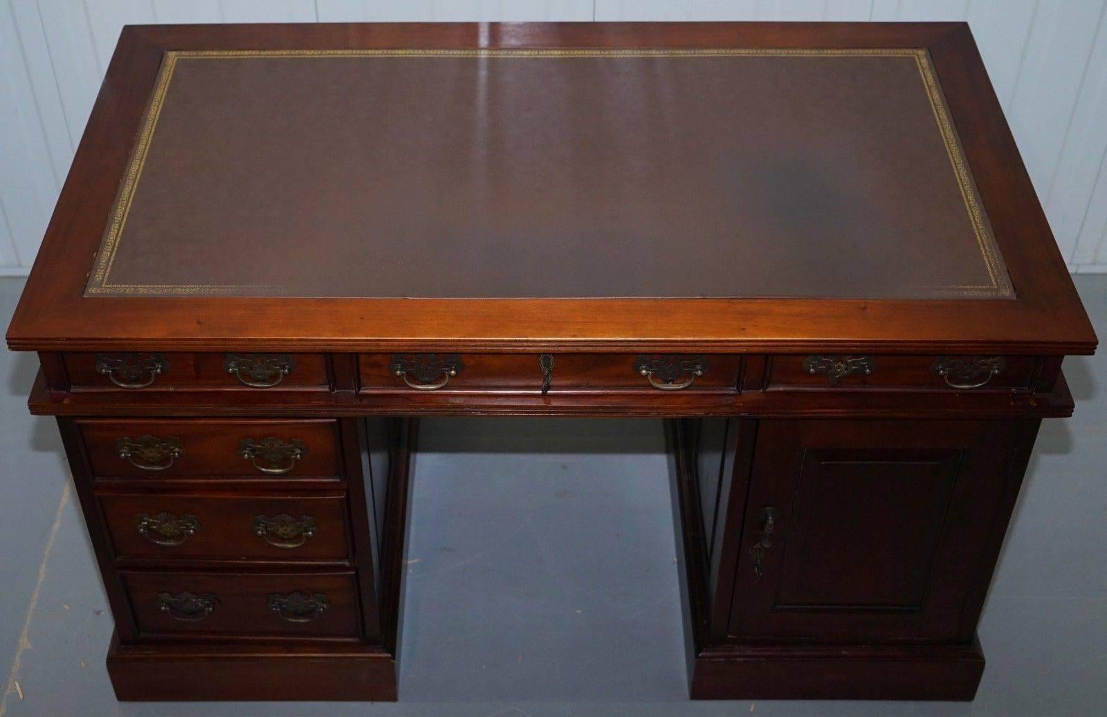 Hand-Carved Solid Mahogany Twin Pedestal Partner Desk Custom Designed to House Computer Pc