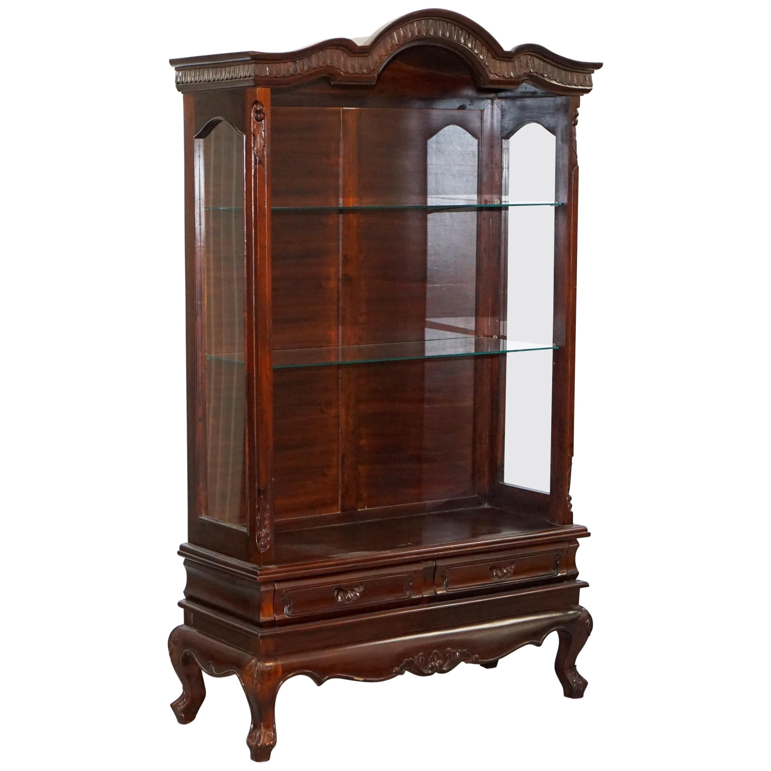 Solid Mahogany with New Glass Shelves Ornately Carved Wood Display Cabinet