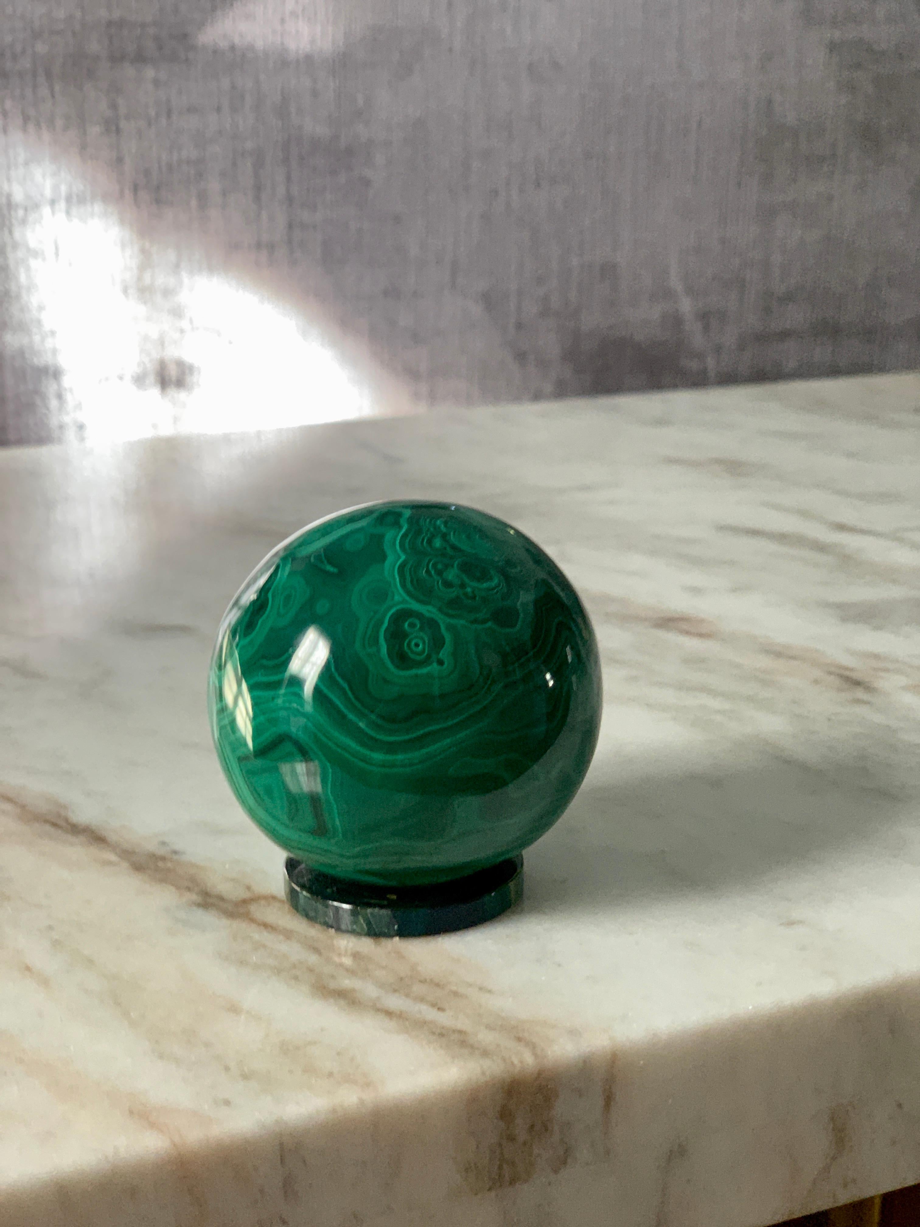 Solid Malachite Sphere Paperweight on Malachite Disk In Good Condition In Los Angeles, CA