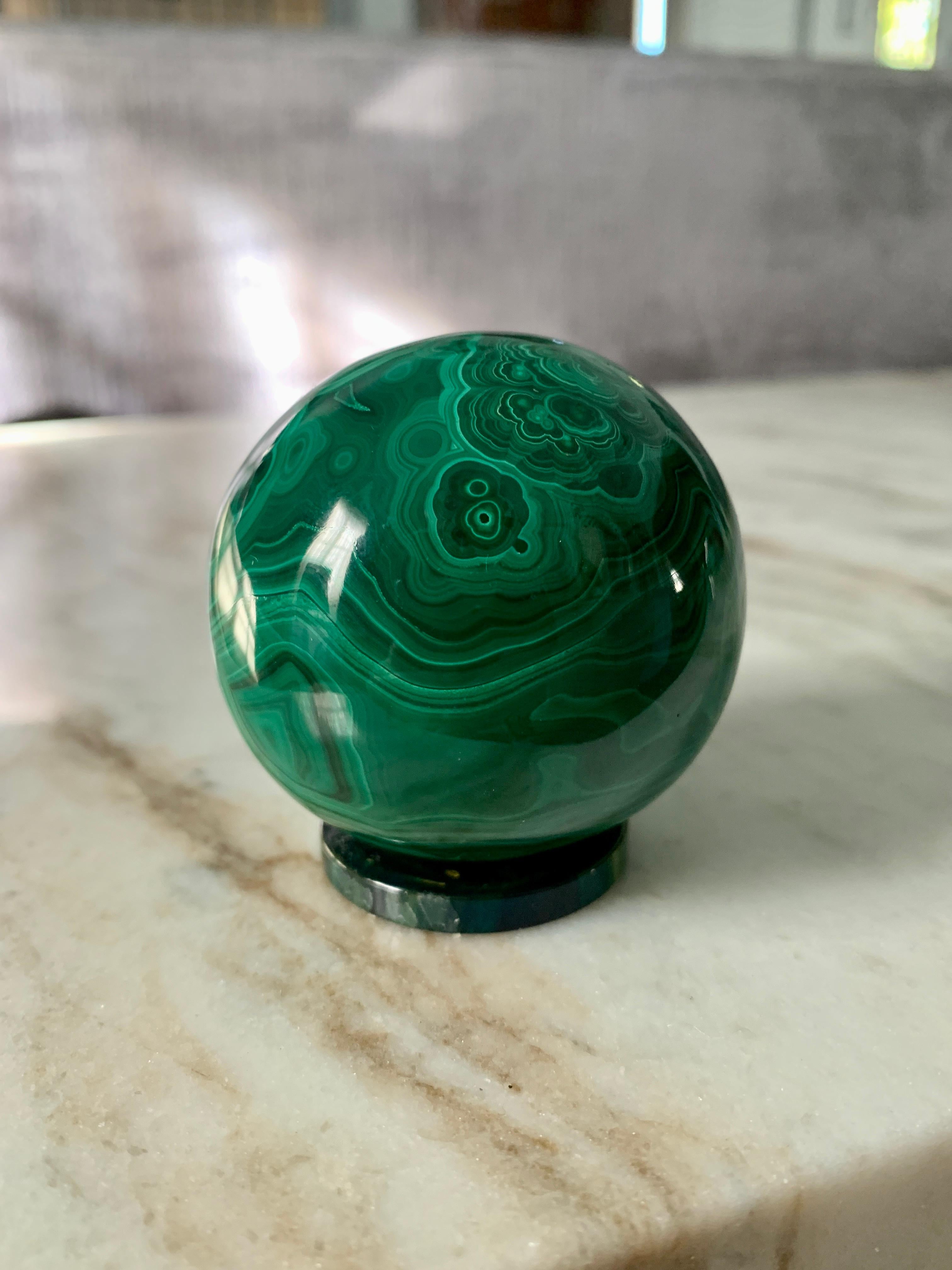 20th Century Solid Malachite Sphere Paperweight on Malachite Disk