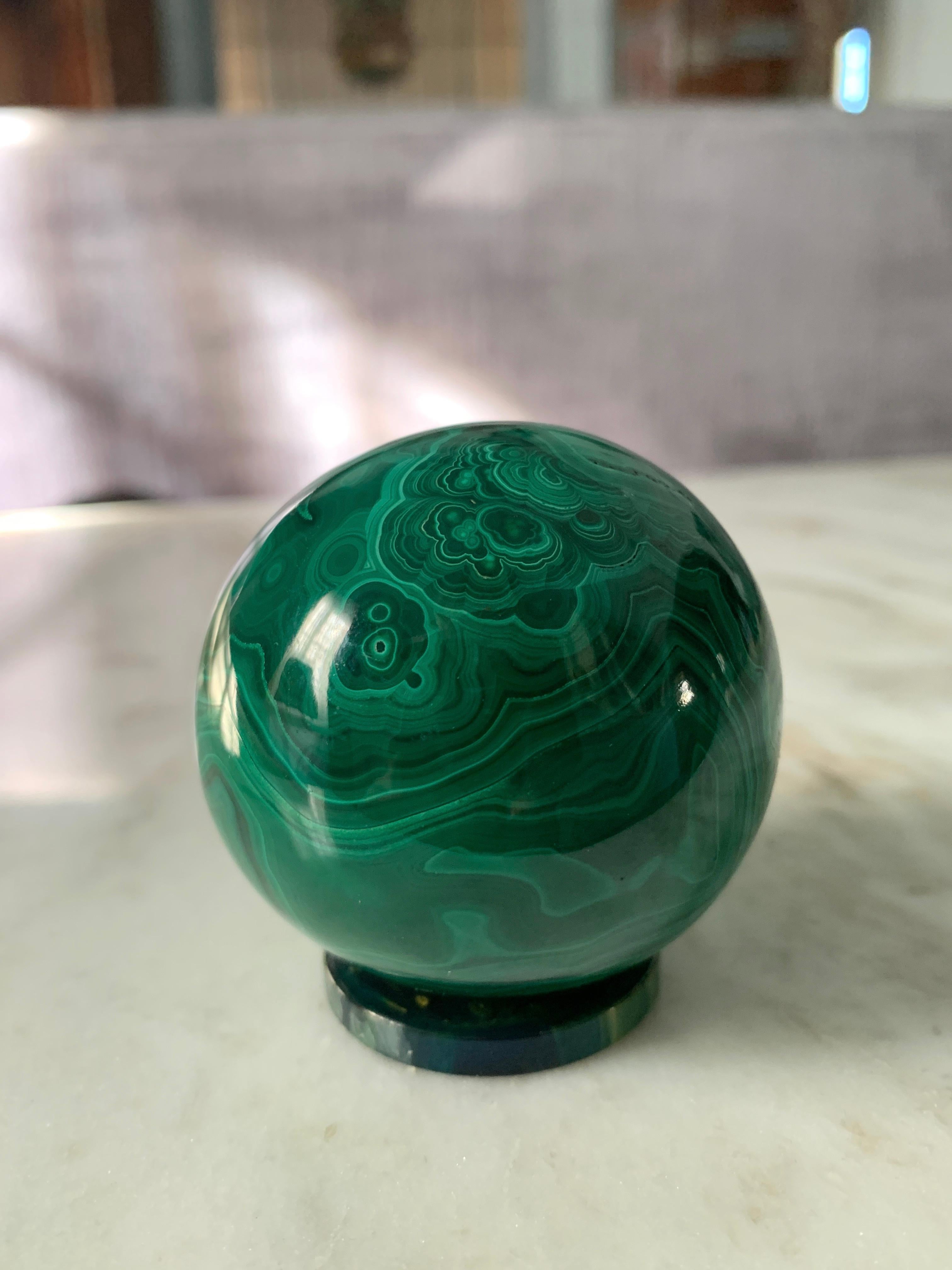 Solid Malachite Sphere Paperweight on Malachite Disk 1