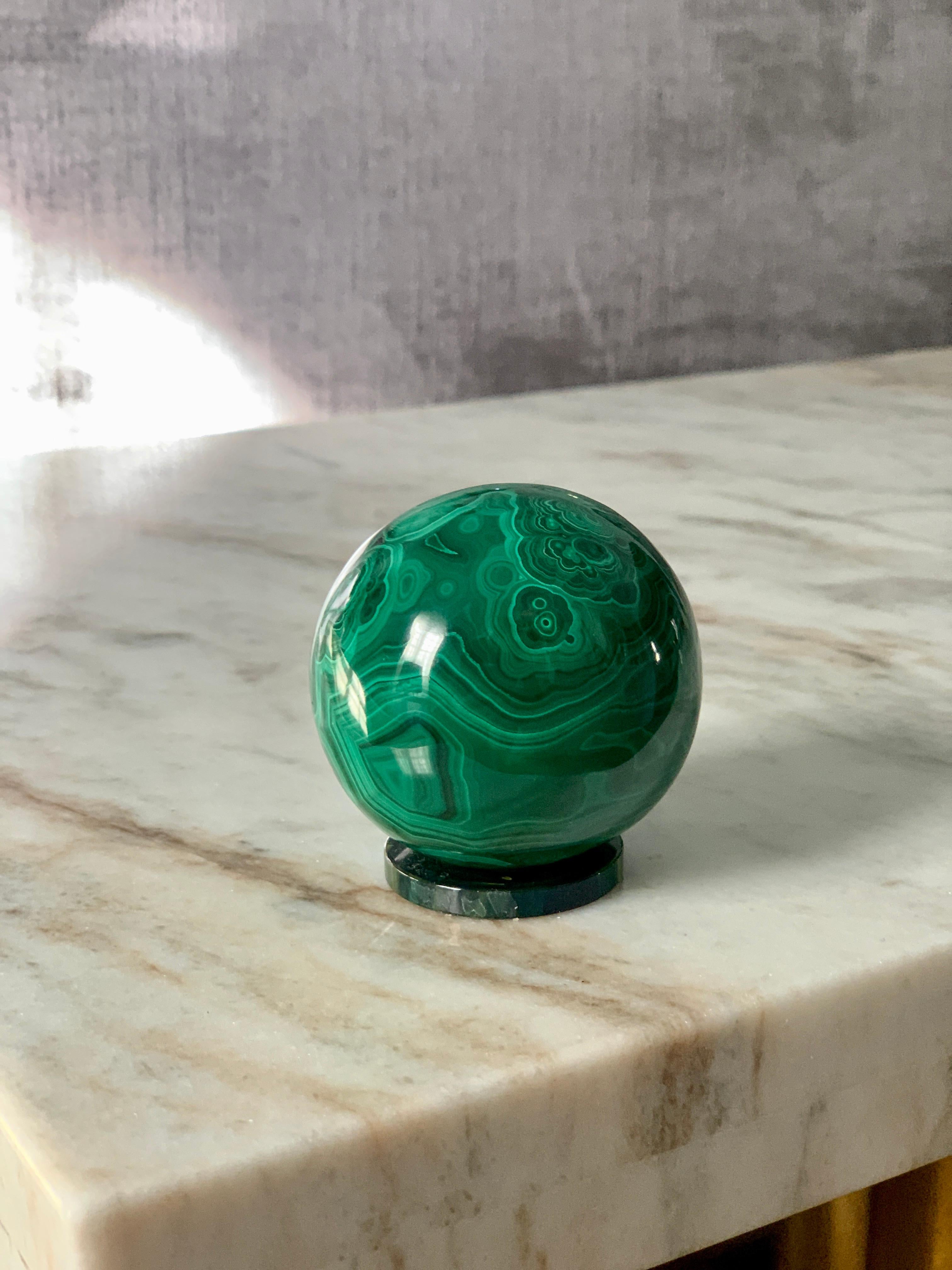 Solid Malachite Sphere Paperweight on Malachite Disk 2