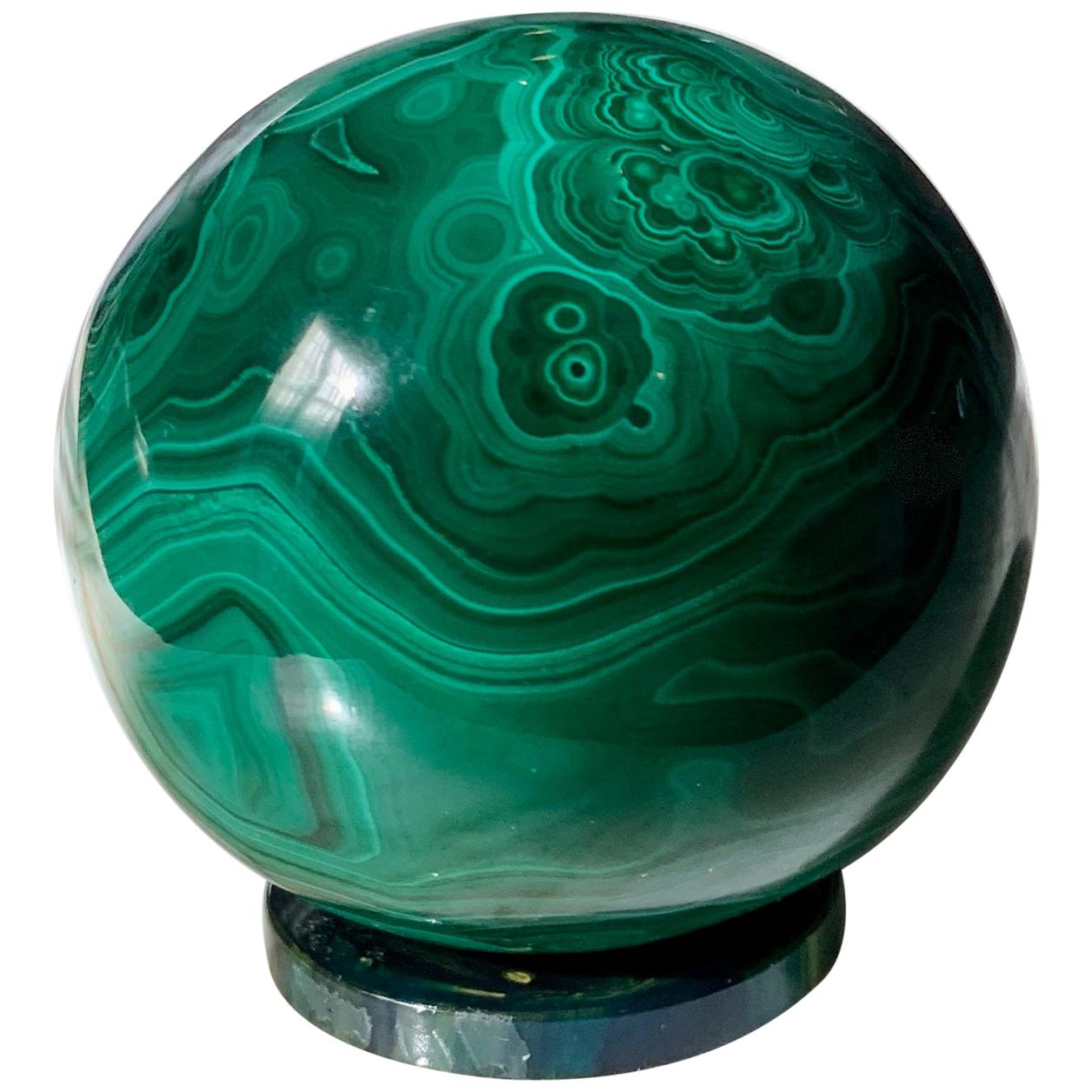 Solid Malachite Sphere Paperweight on Malachite Disk