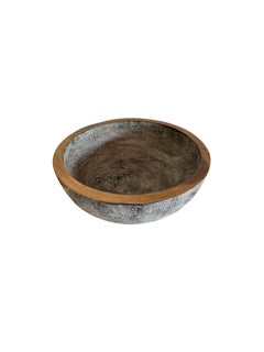 Solid Mango Wood Bowl, White Wash and Burnt Finish, Modern Organic