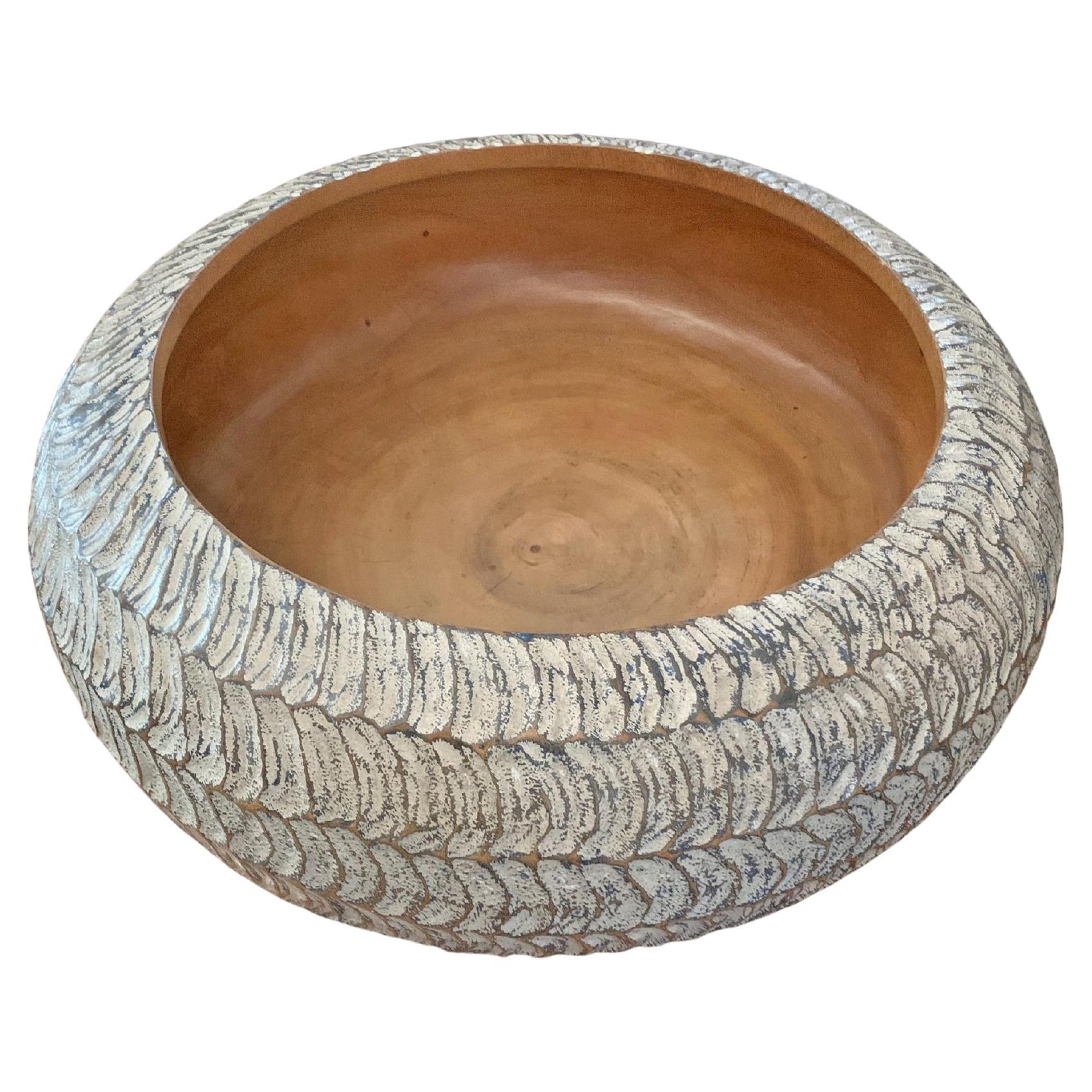 Solid Mango Wood Bowl with Blue & White Finish For Sale