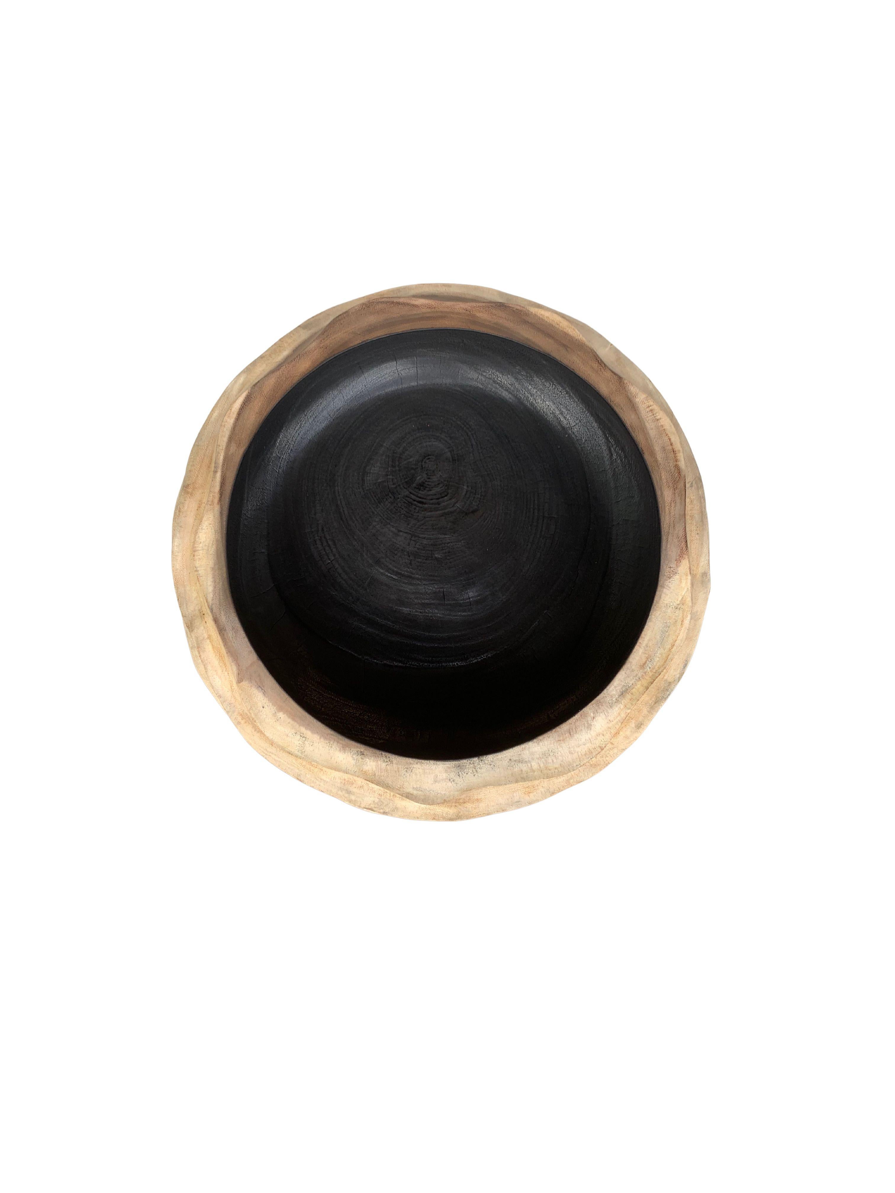 Organic Modern Solid Mango Wood Bowl with Burnt & Natural Finish  For Sale