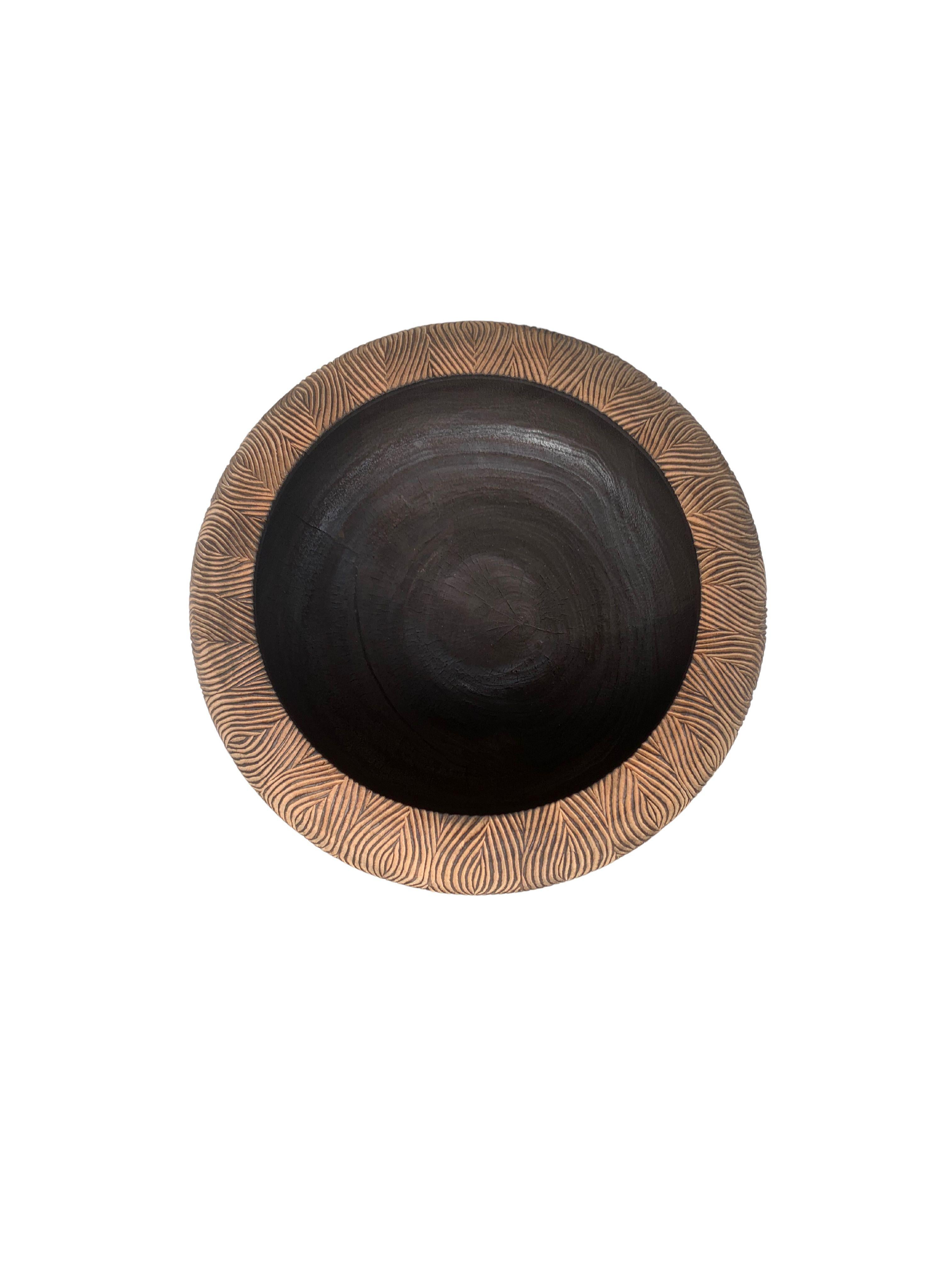 Indonesian Solid Mango Wood Bowl with Carved Exterior & Burnt Finish For Sale