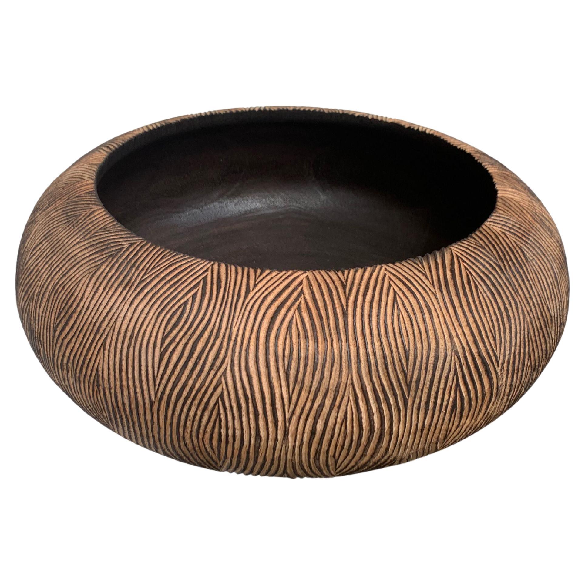 Solid Mango Wood Bowl with Carved Exterior & Burnt Finish