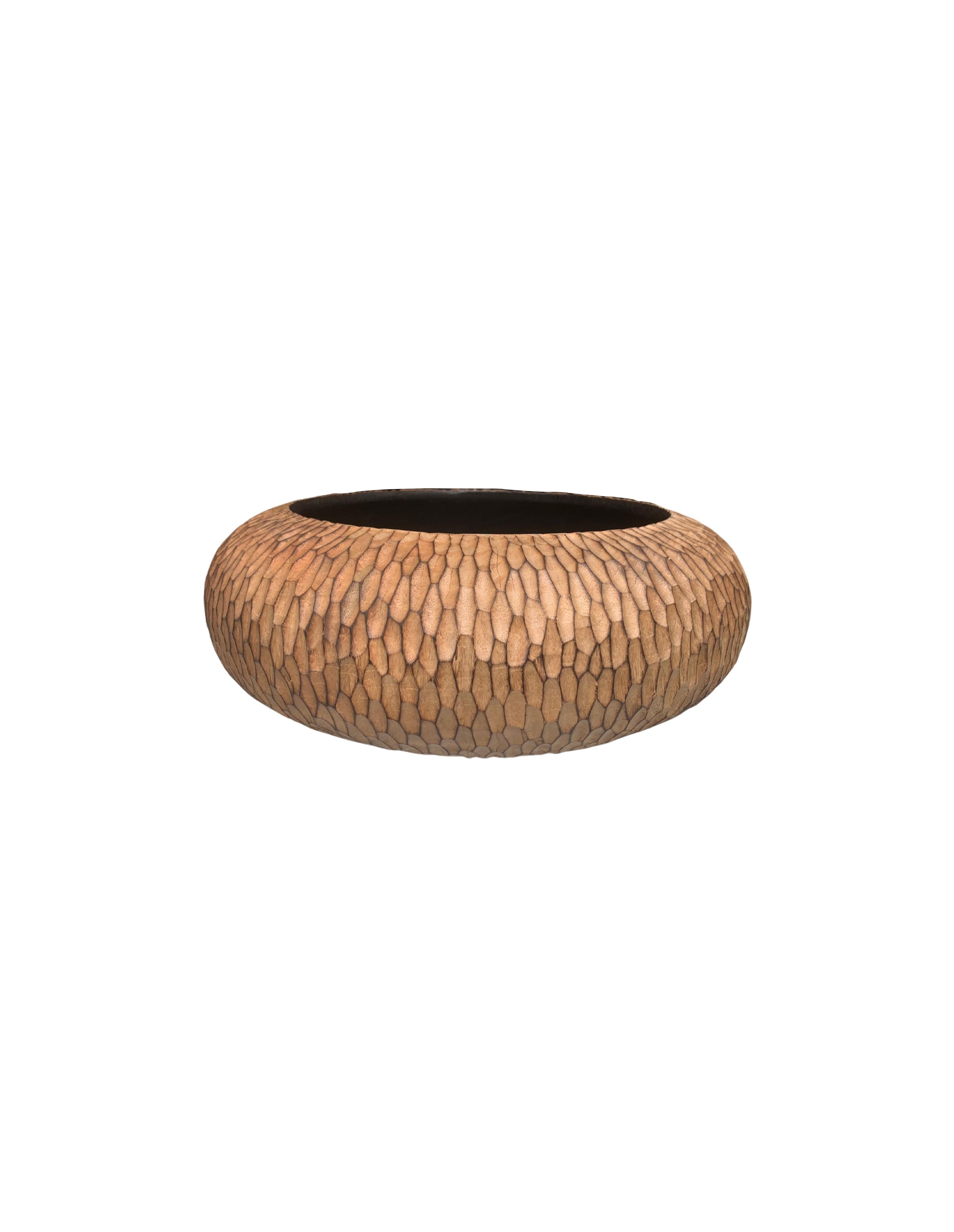 Organic Modern Solid Mango Wood Bowl with Hand-Hewn Detailing and Burnt Detailing For Sale