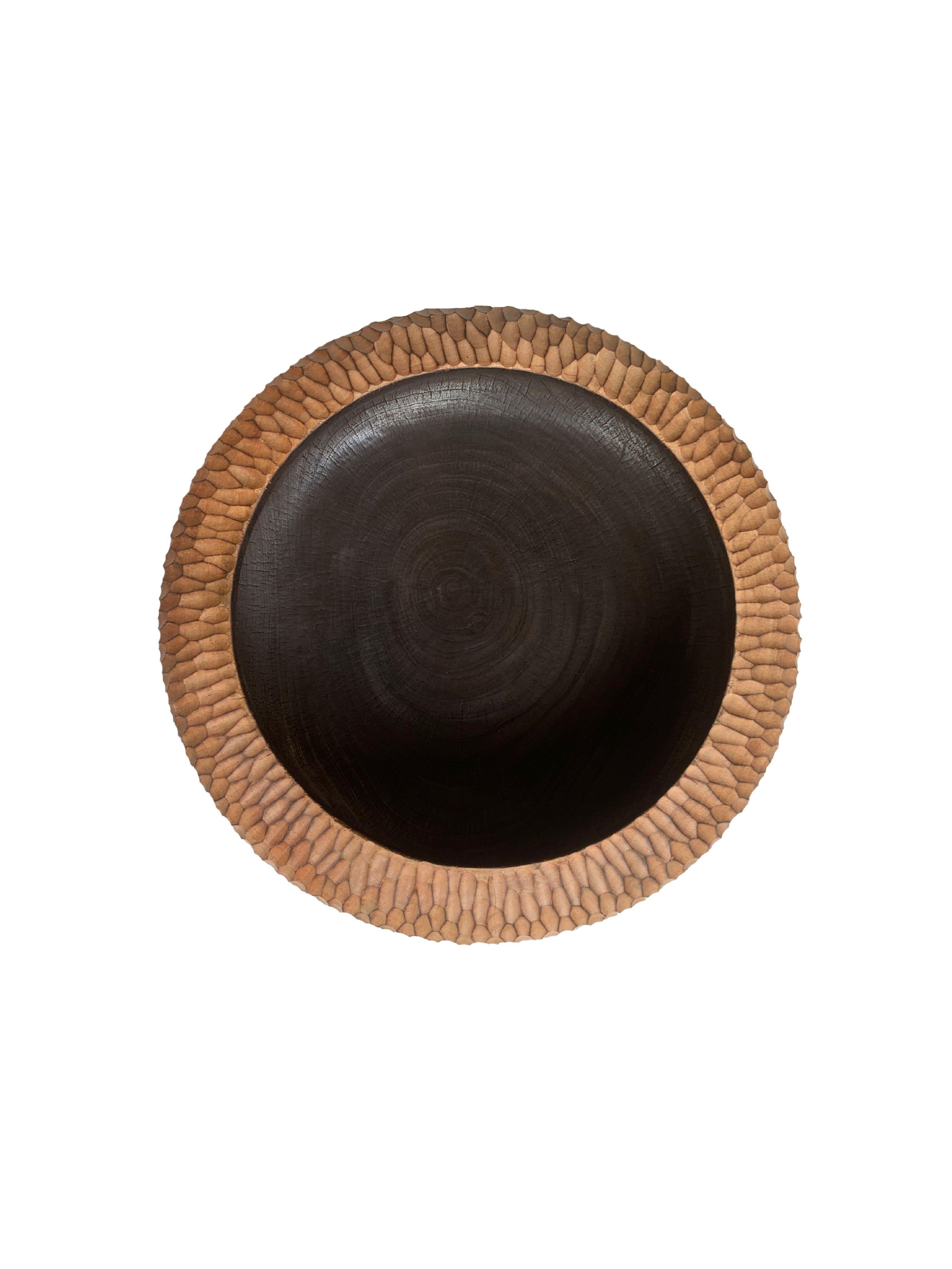 Indonesian Solid Mango Wood Bowl with Hand-Hewn Detailing and Burnt Detailing For Sale