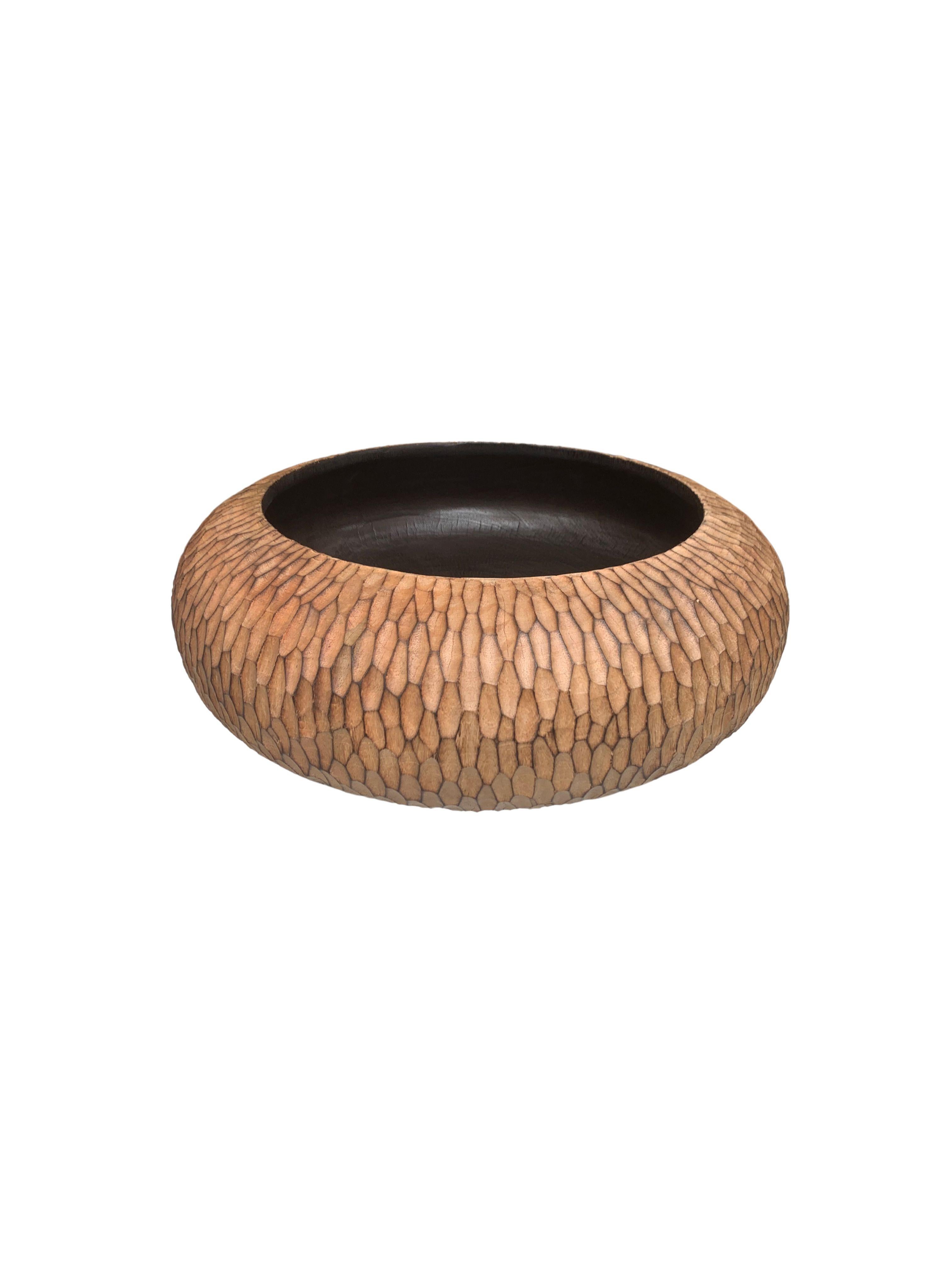 Carved Solid Mango Wood Bowl with Hand-Hewn Detailing and Burnt Detailing For Sale