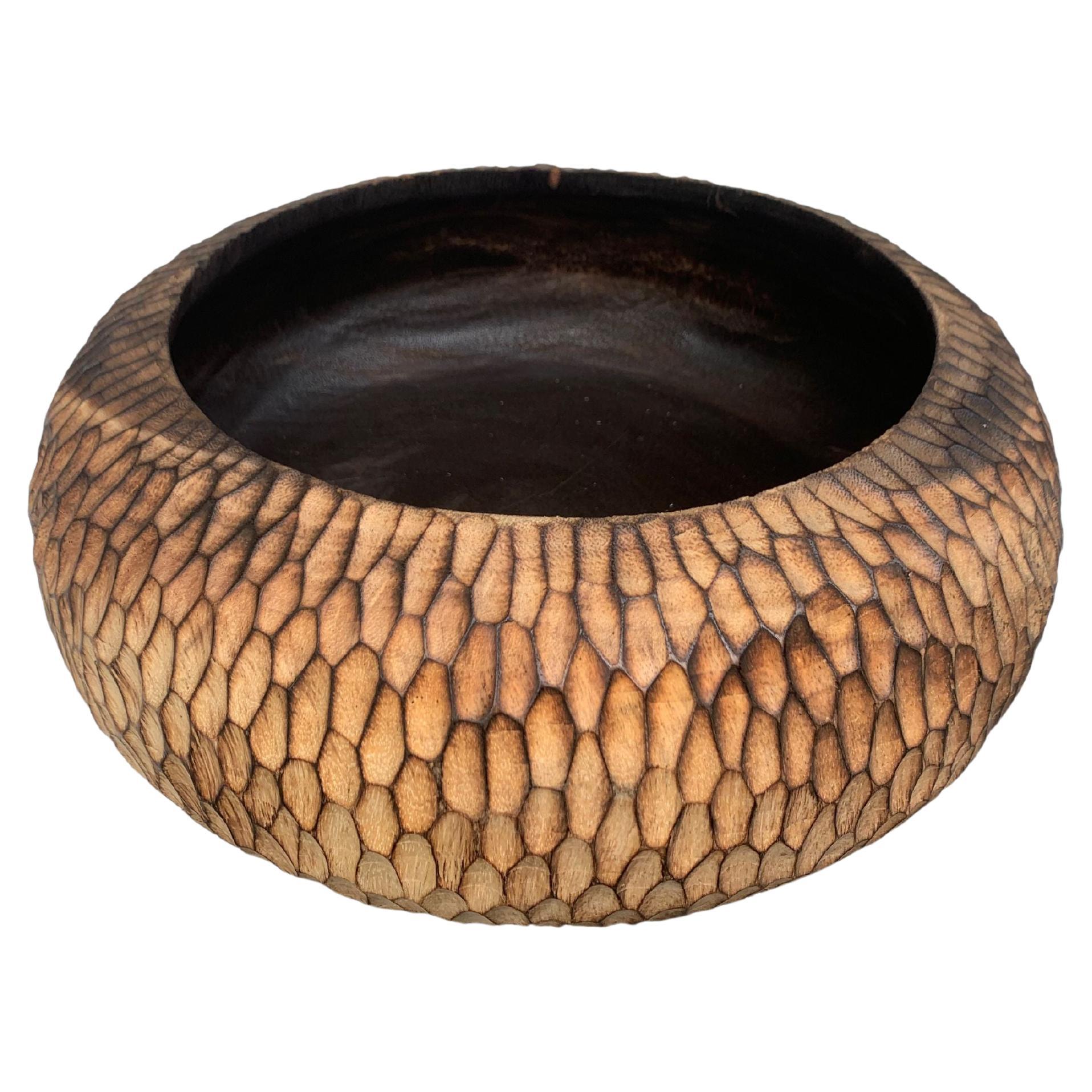 Solid Mango Wood Bowl with Hand-Hewn Detailing and Burnt Detailing For Sale