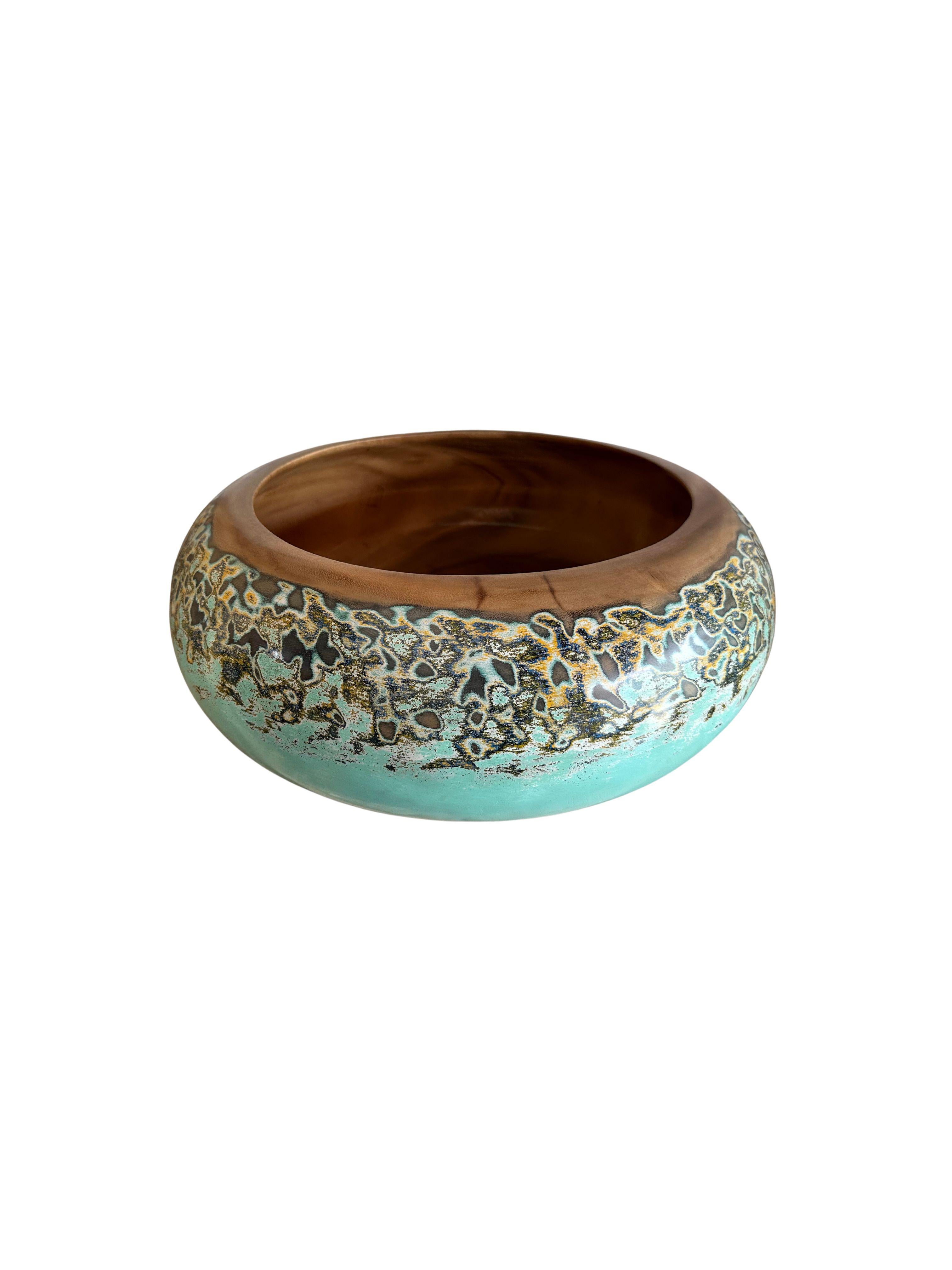 Carved Solid Mango Wood Bowl with hand-painted detailing For Sale
