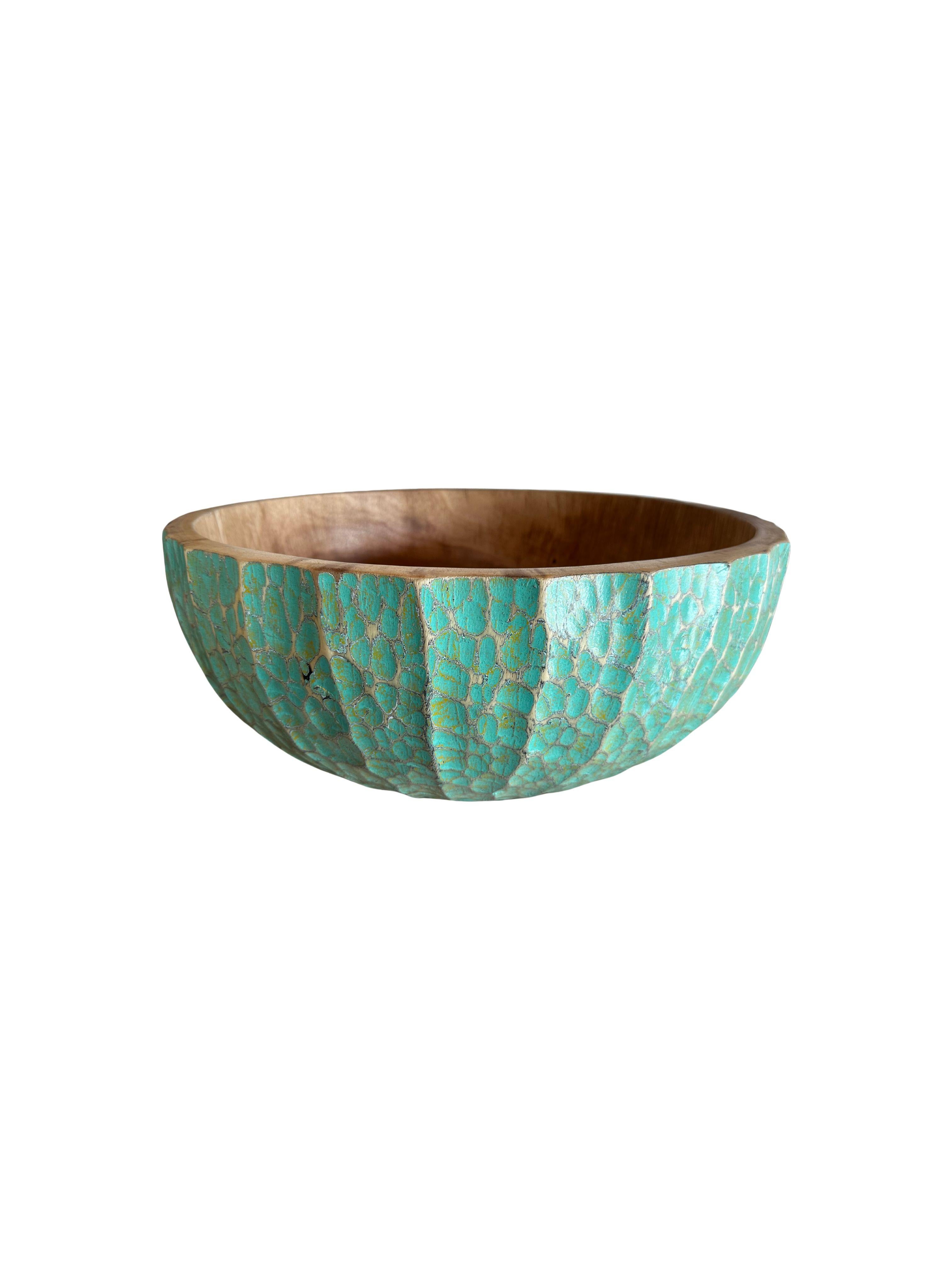 Indonesian Solid Mango Wood Bowl with hand-painted & hand-carved detailing, Modern Organic For Sale