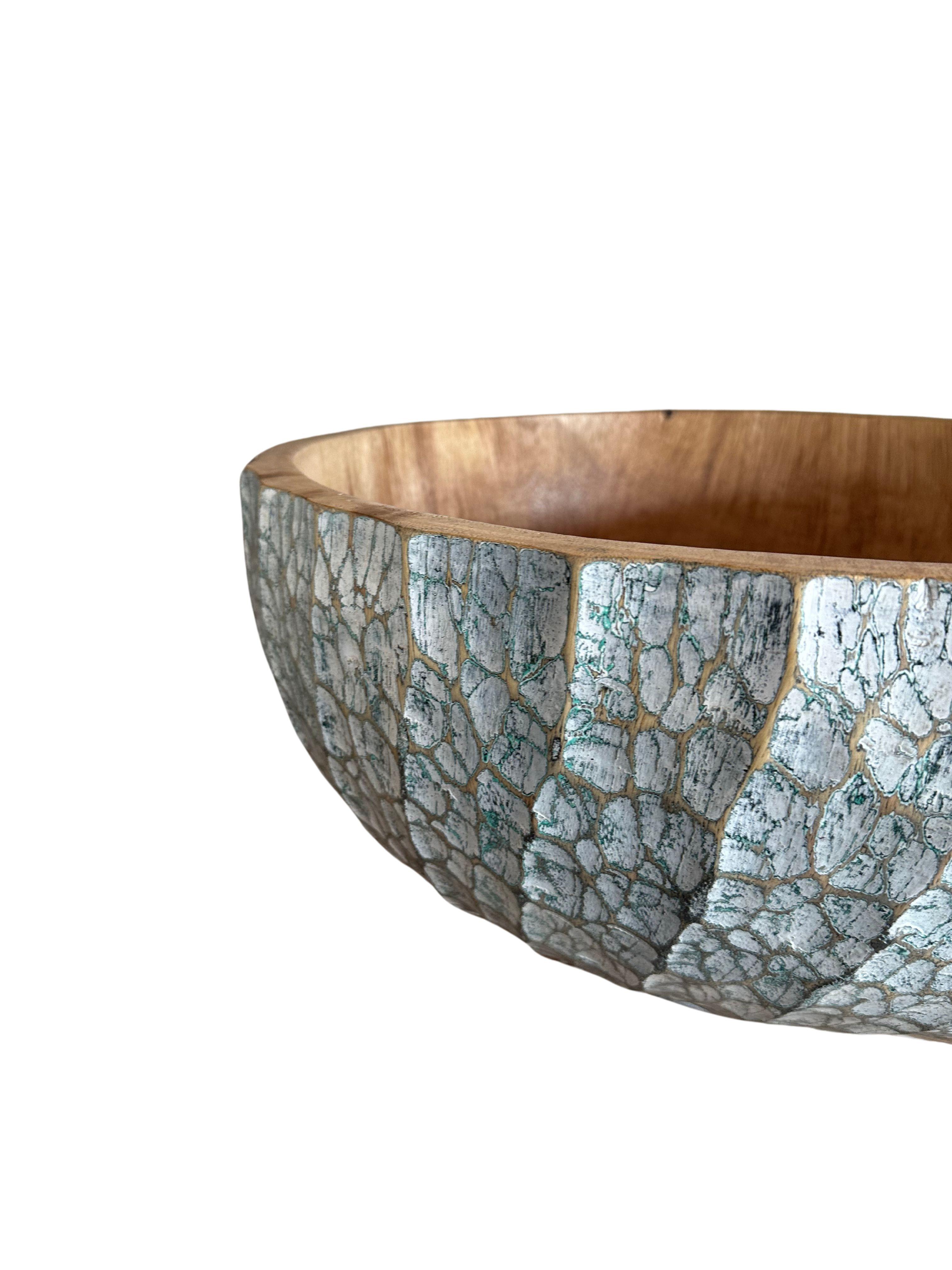Indonesian Solid Mango Wood Bowl with hand-painted & hand-carved detailing, Modern Organic For Sale
