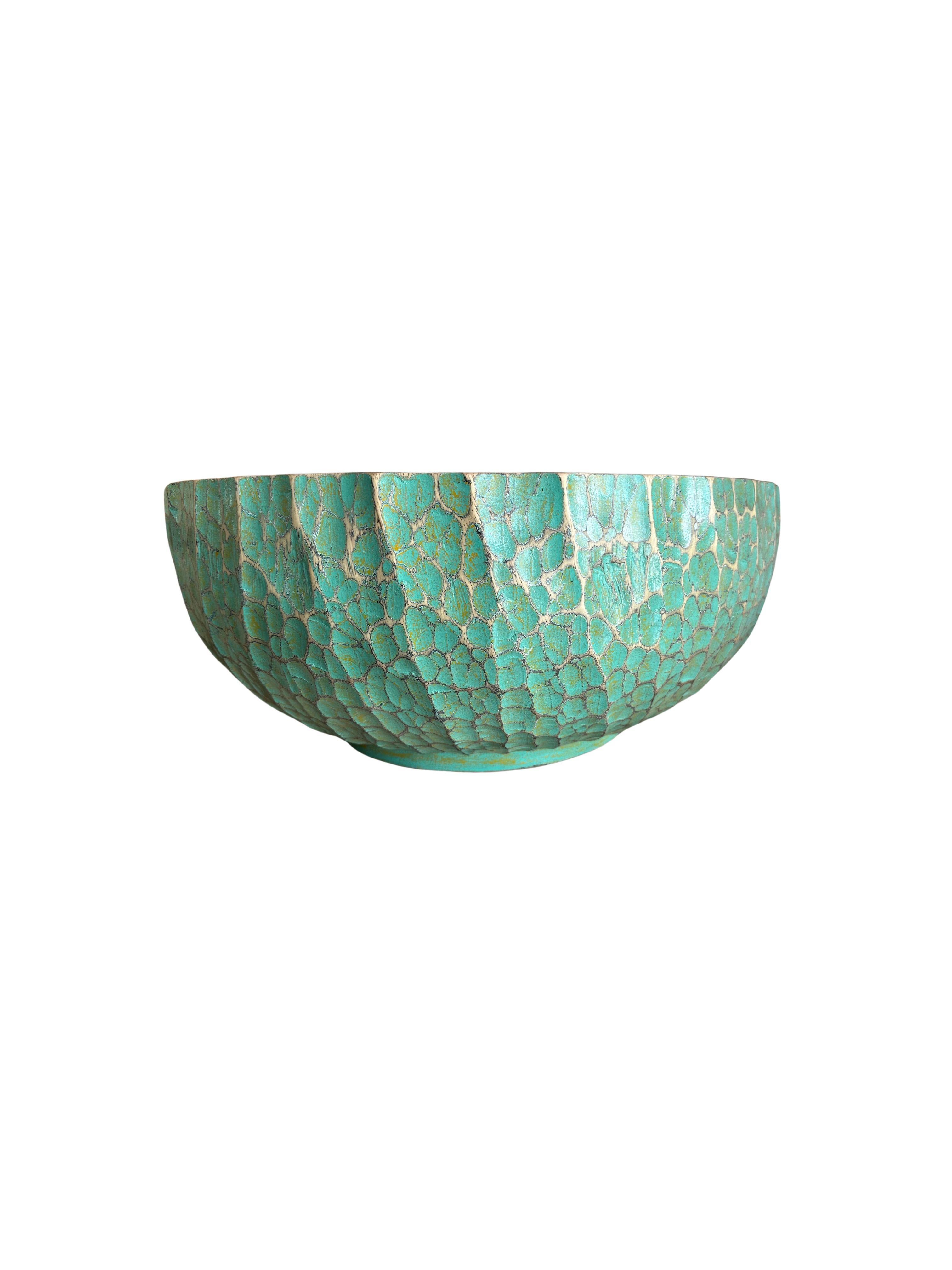 Carved Solid Mango Wood Bowl with hand-painted & hand-carved detailing, Modern Organic For Sale
