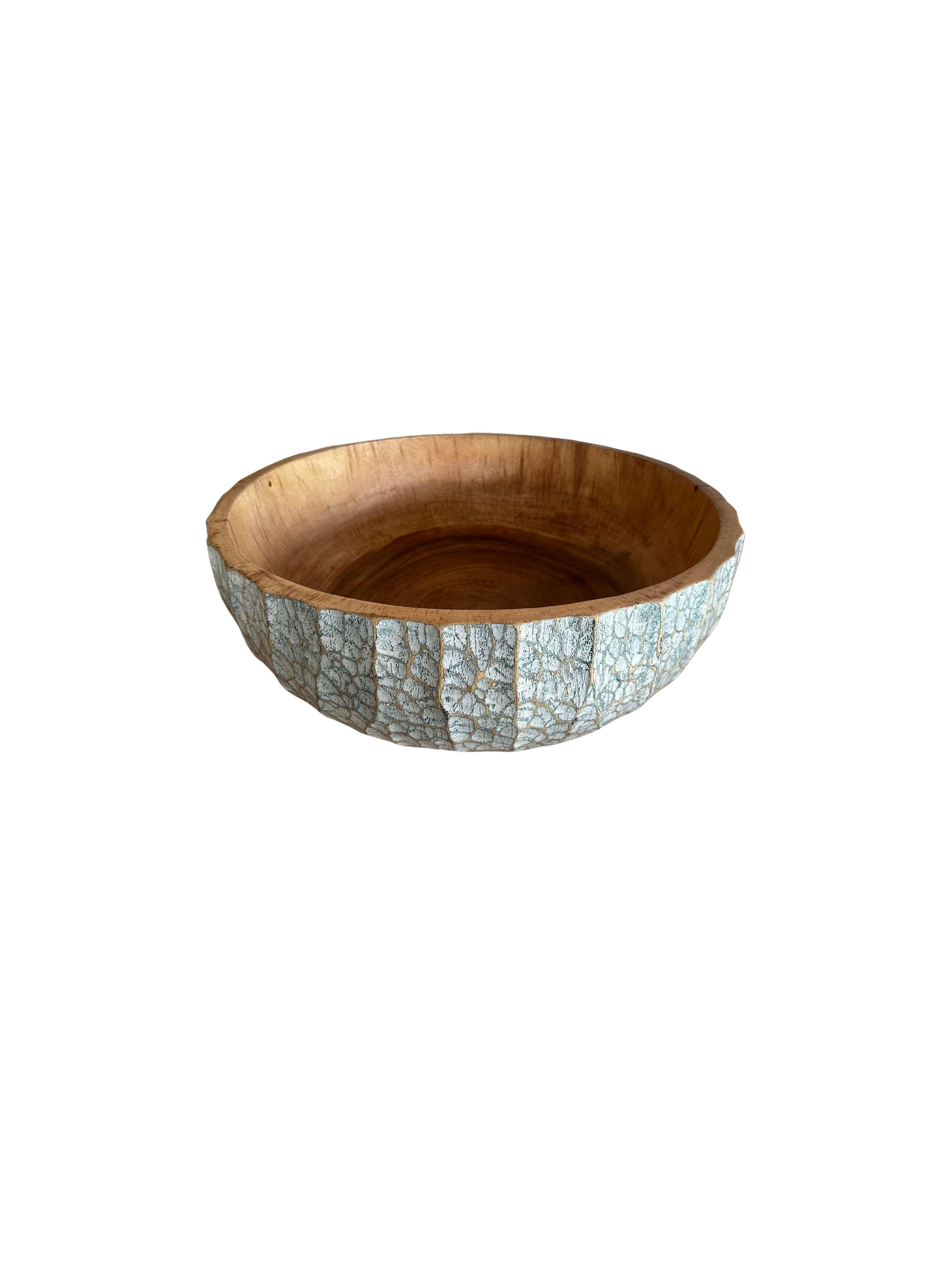 Carved Solid Mango Wood Bowl with hand-painted & hand-carved detailing, Modern Organic For Sale