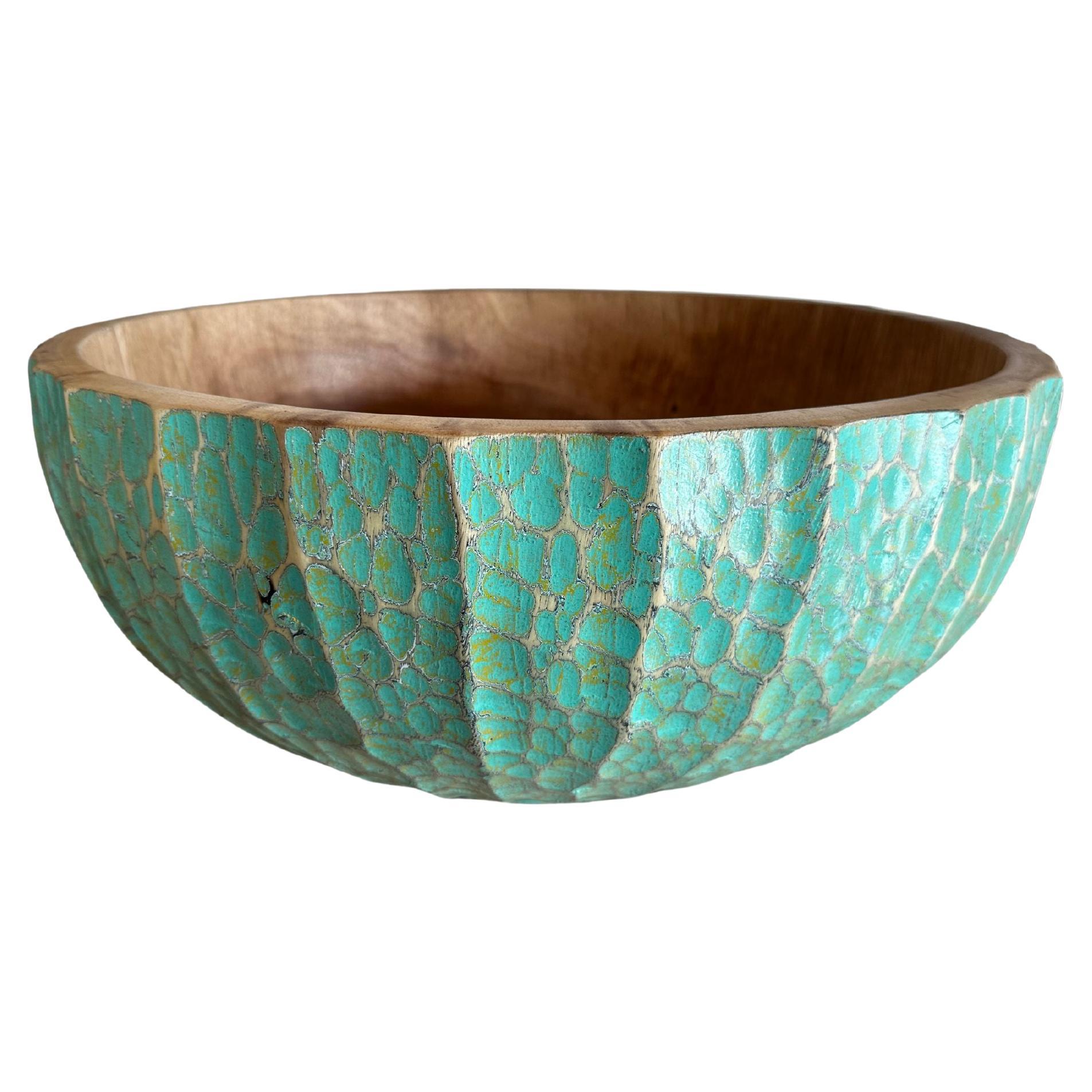 Bol à Mango en bois massif avec détails peints et sculptés à la main, moderne organique