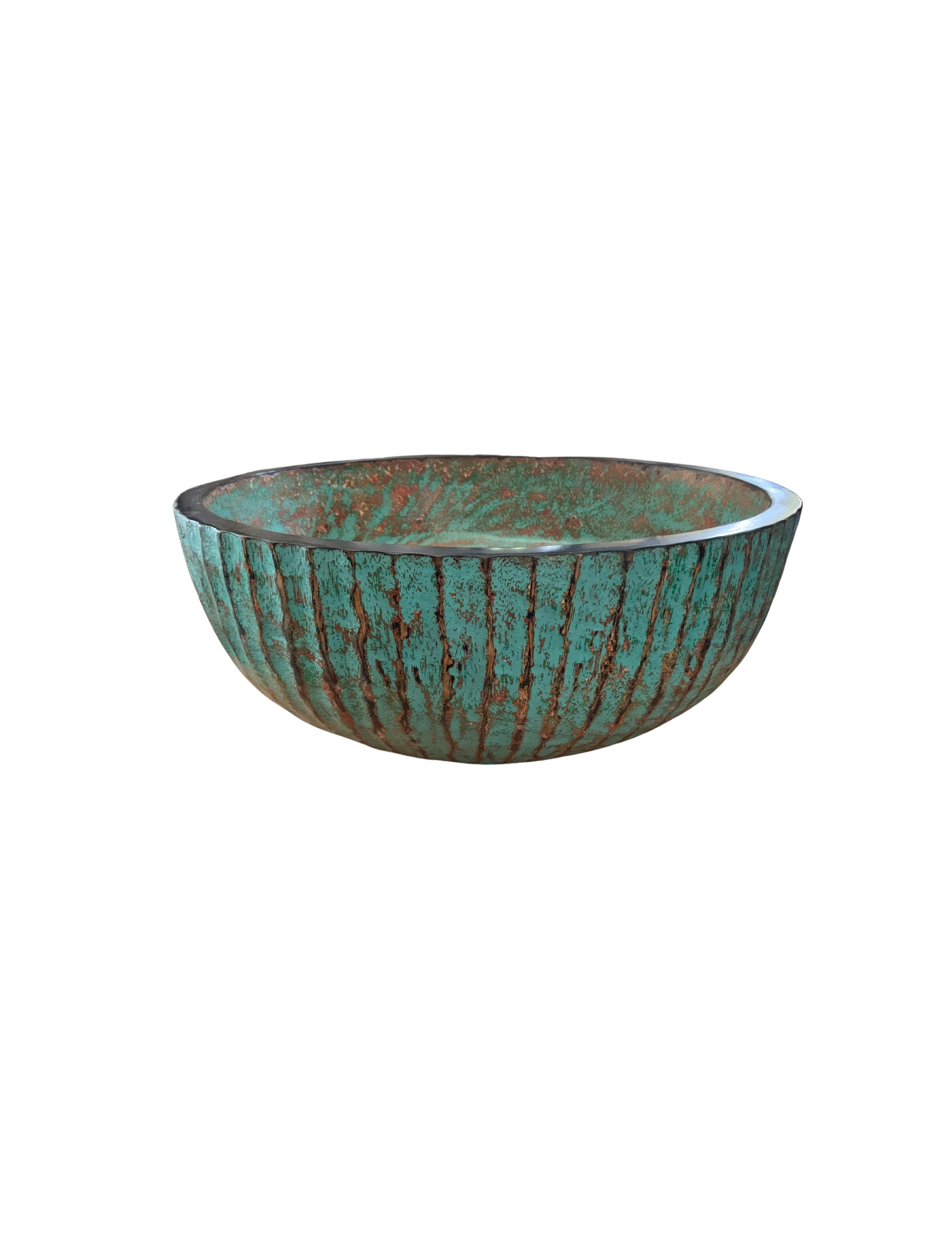 Organic Modern Solid Mango Wood Bowl with Turquoise & Black Finish