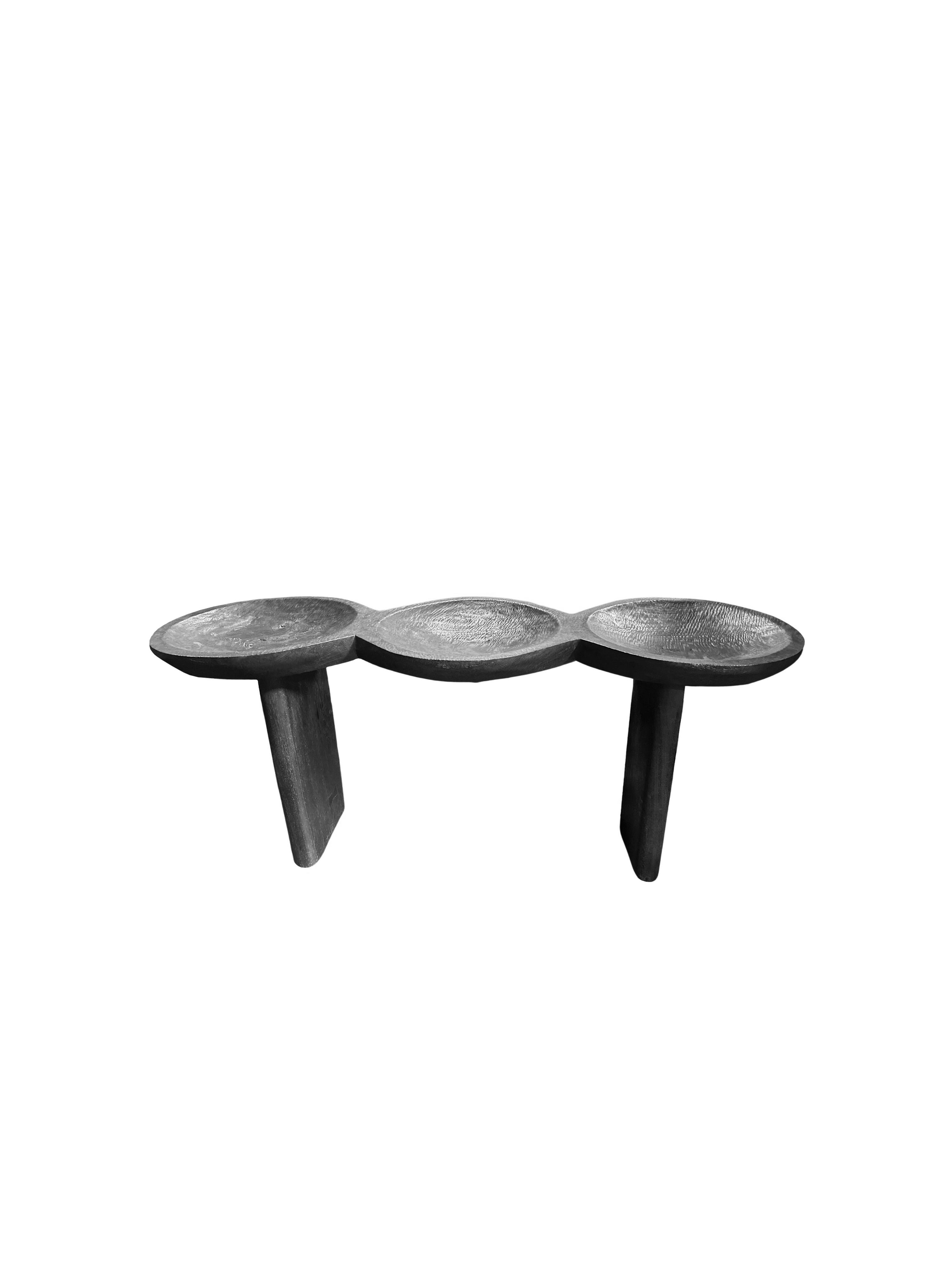 Hand-Carved Solid Mango Wood Console Table, Burnt Finish Modern Organic For Sale