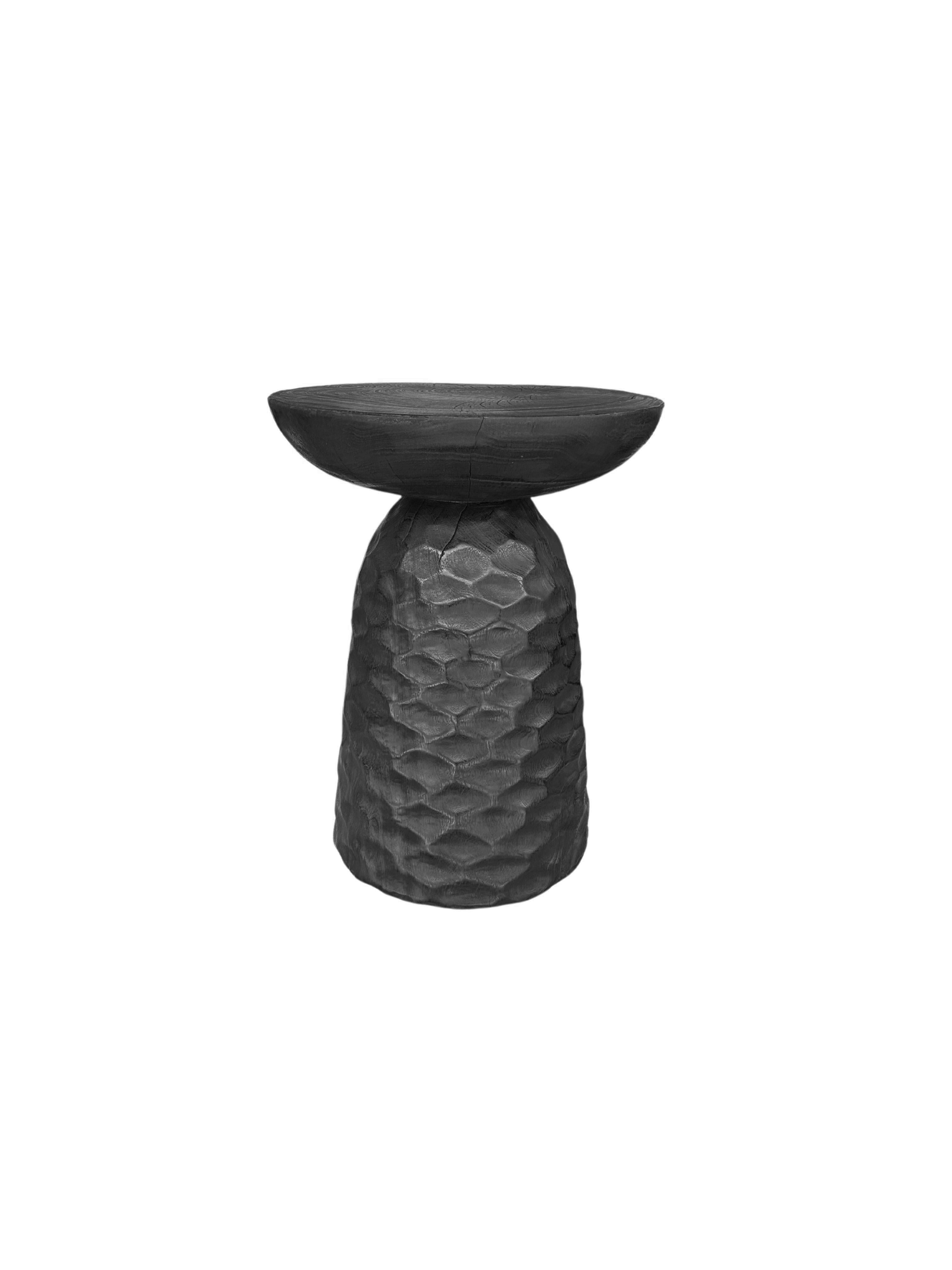 Indonesian Solid Mango Wood Round Side Table Modern Organic, Burnt Finish For Sale