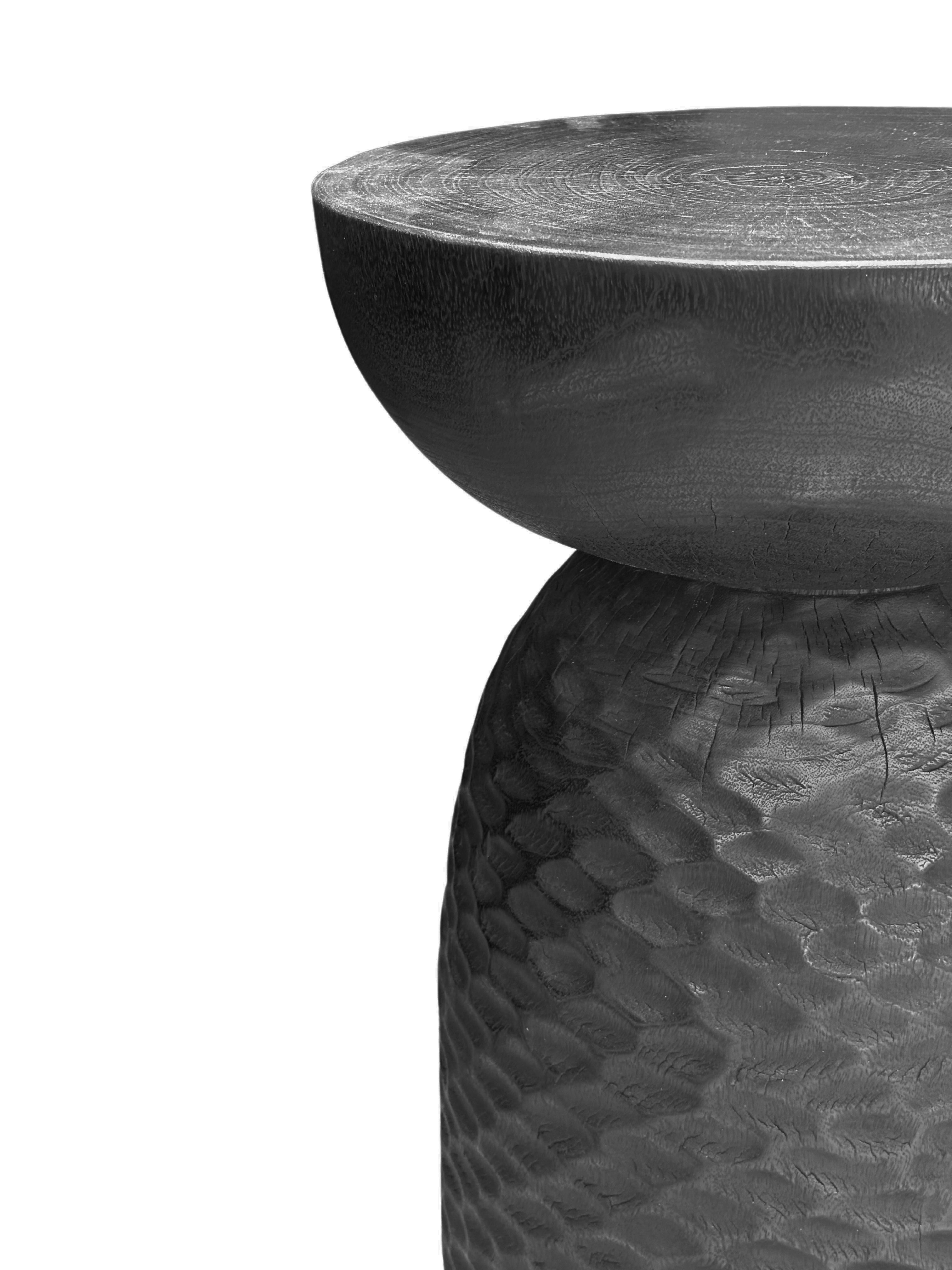 Indonesian Solid Mango Wood Round Side Table Modern Organic, Burnt Finish For Sale
