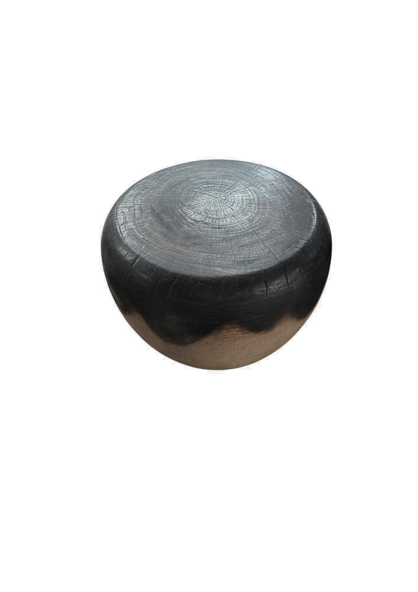 Indonesian Solid Mango Wood Round Side Table, Modern Organic, Natural & Burnt Finish For Sale