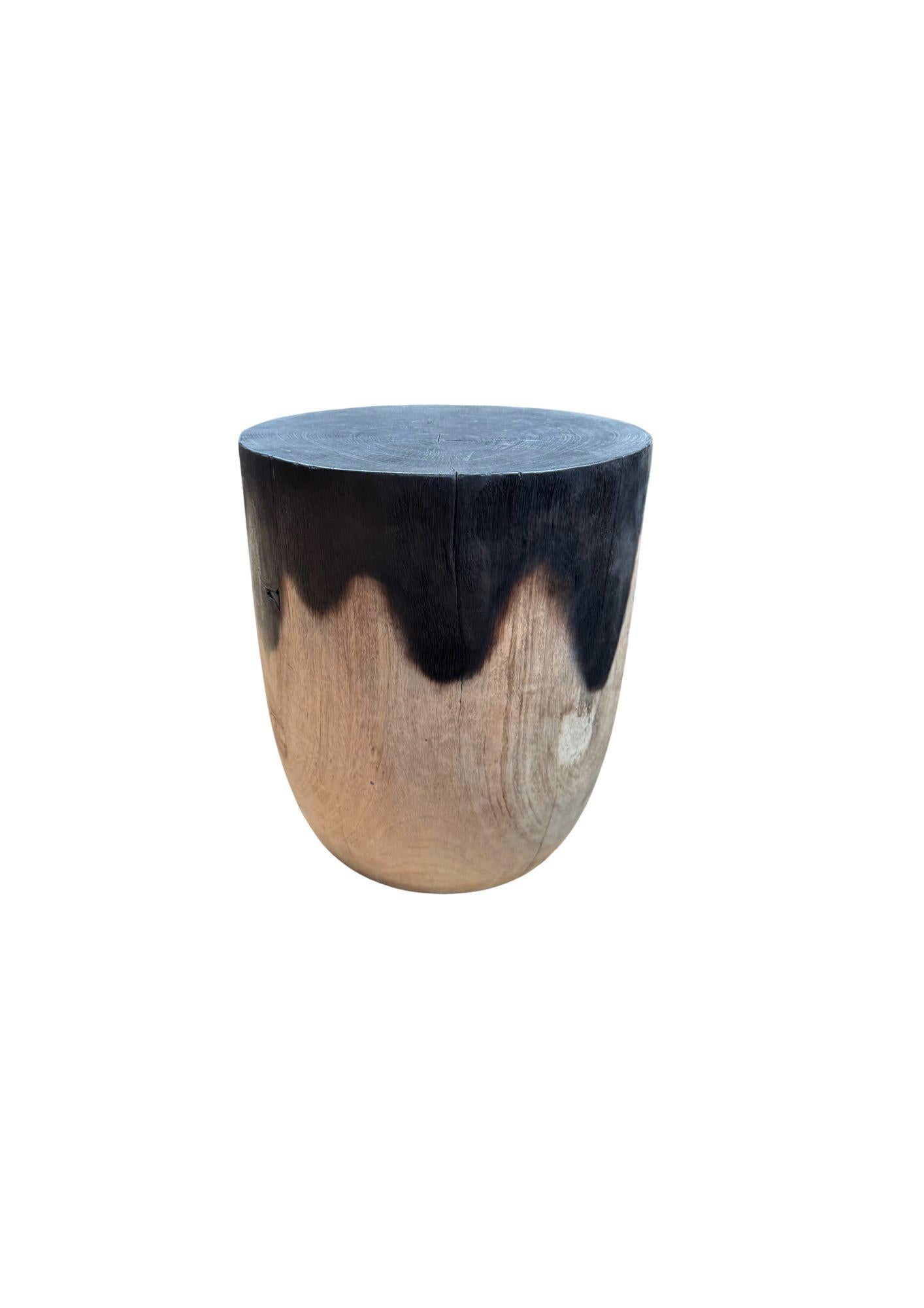 Indonesian Solid Mango Wood Round Side Table, Modern Organic, Natural & Burnt Finish For Sale