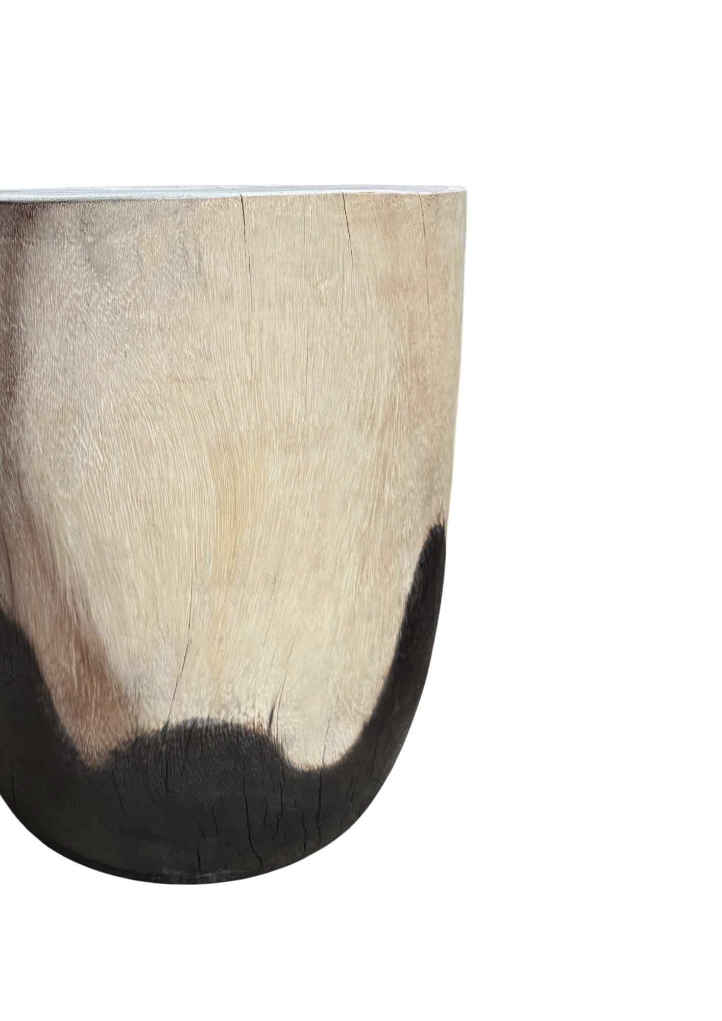 Indonesian Solid Mango Wood Round Side Table, Modern Organic, Natural & Burnt Finish For Sale