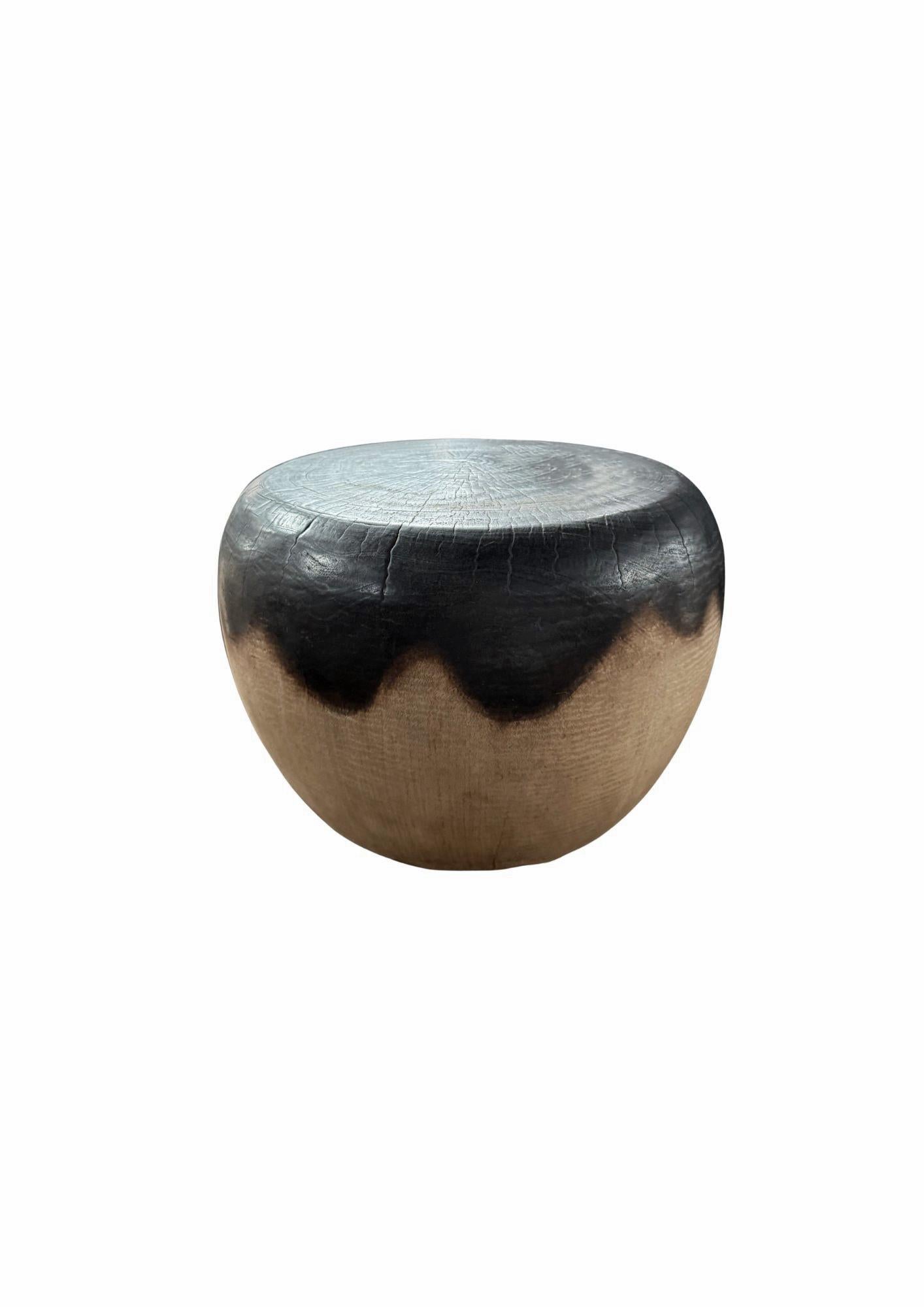 Hand-Crafted Solid Mango Wood Round Side Table, Modern Organic, Natural & Burnt Finish For Sale