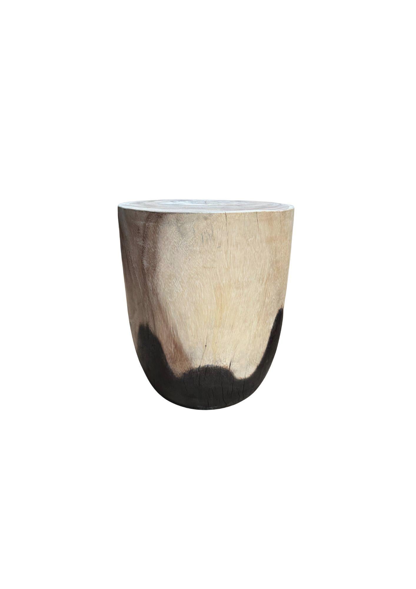 Hand-Crafted Solid Mango Wood Round Side Table, Modern Organic, Natural & Burnt Finish For Sale